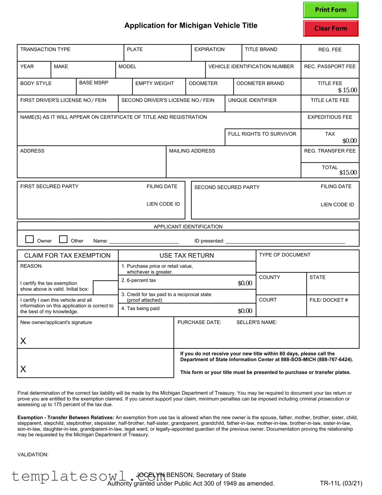 Fill Out Your Mi Tr 11L Application Title Form