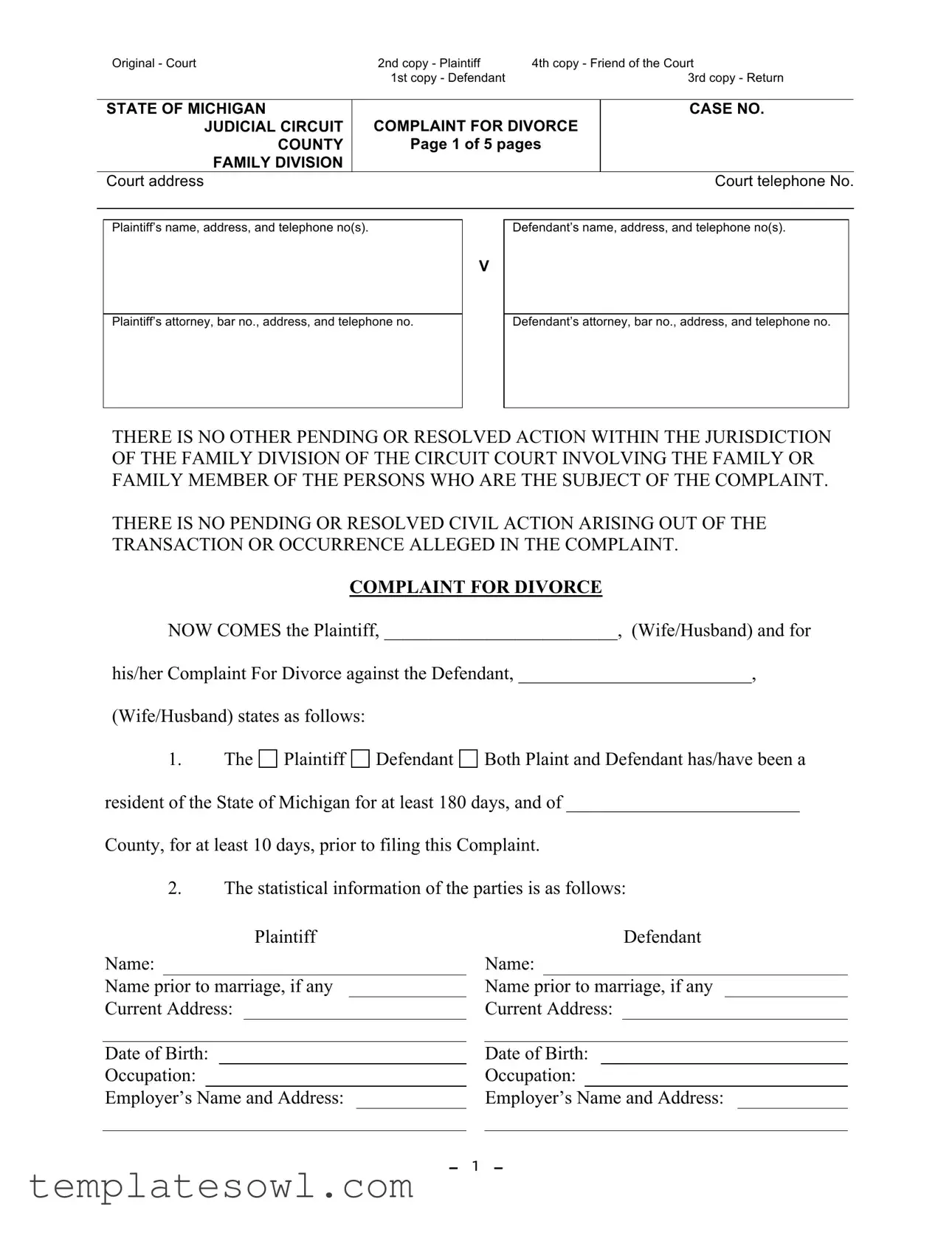 Fill Out Your Michigan Complaint Divorce Form