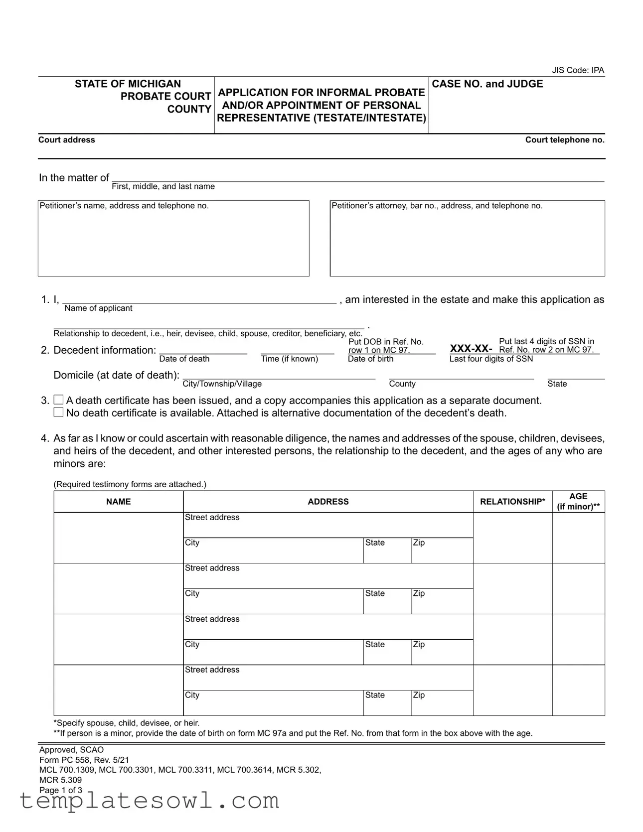 Fill Out Your Michigan Pc 558 Form