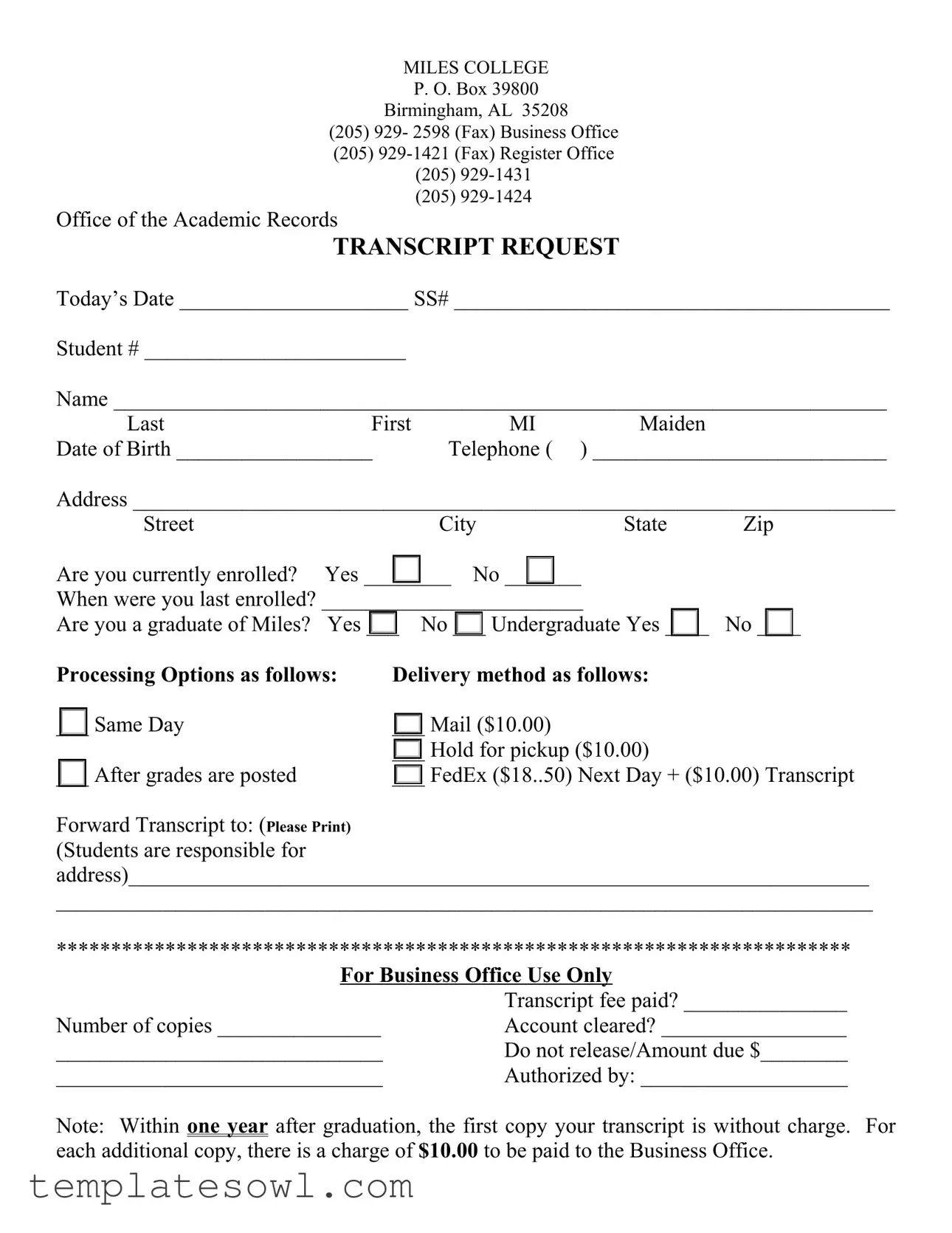 Fill Out Your Miles College Transcript Request Form