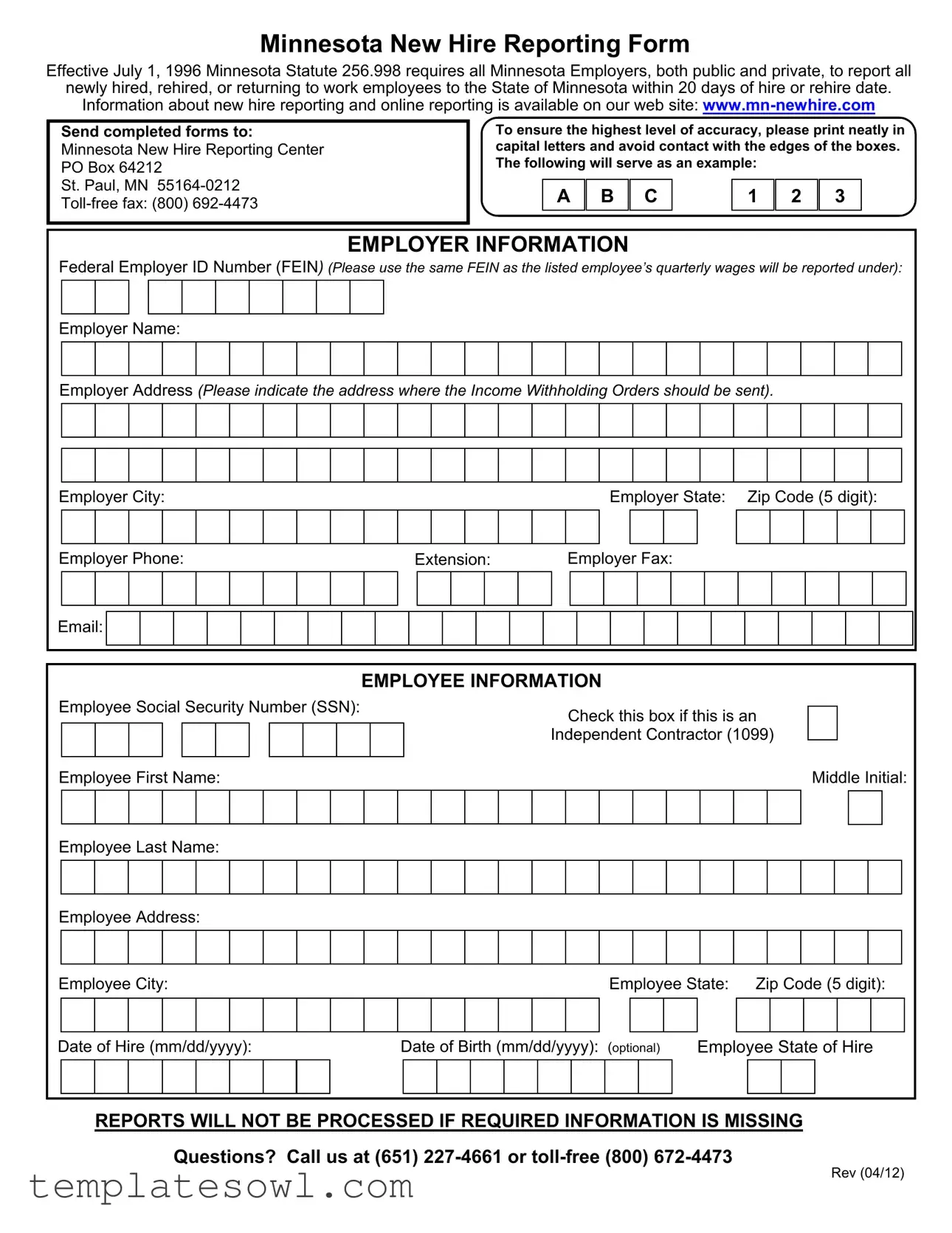 Fill Out Your Minnesota New Hire Reporting Form