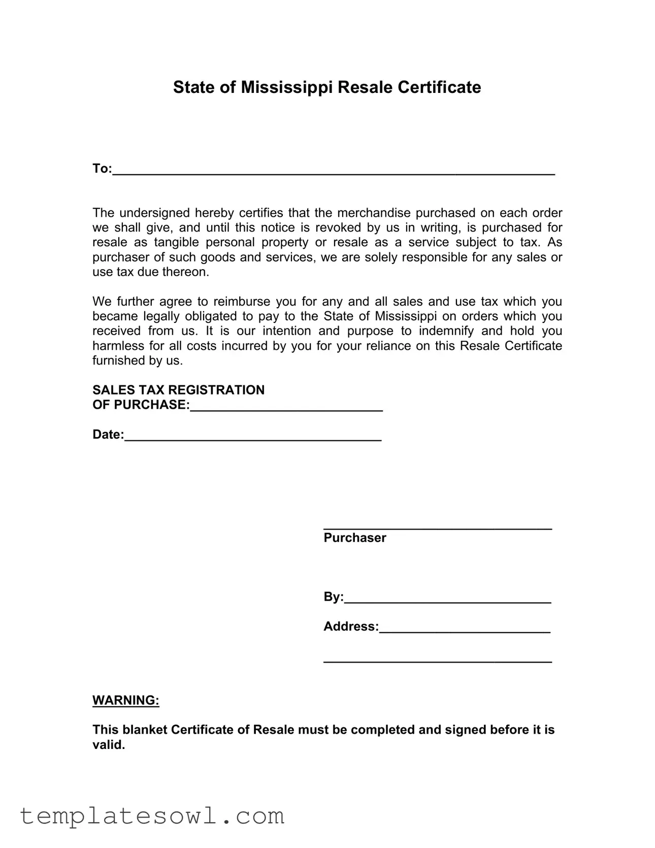 Fill Out Your Mississippi Resale Certificate Form