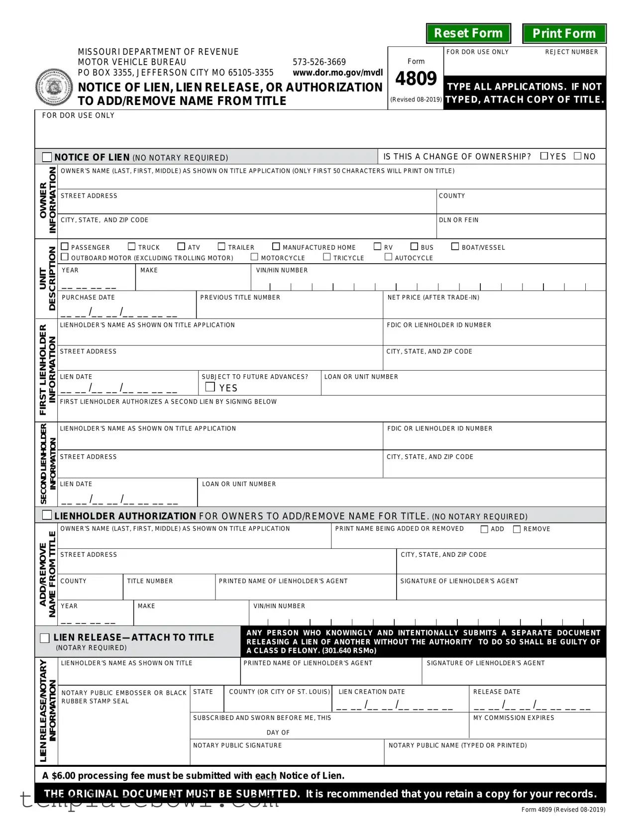 Fill Out Your Missouri Lien Form