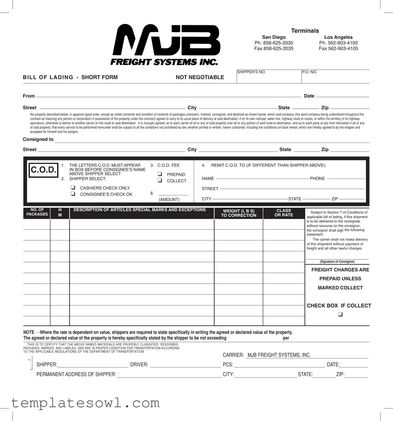 Fill Out Your Mjb Bill Of Lading Form