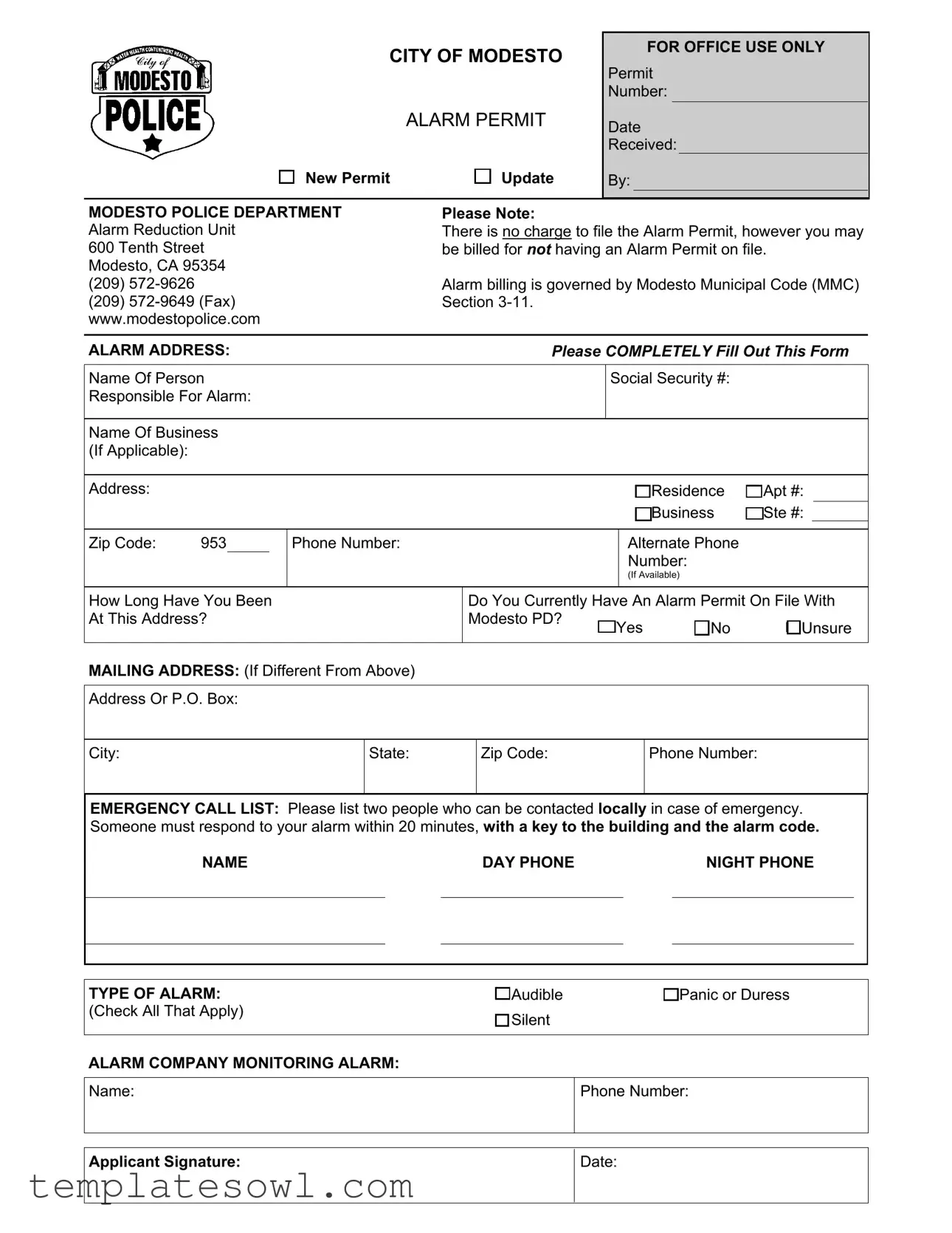 Fill Out Your Modesto Alarm Permit Form