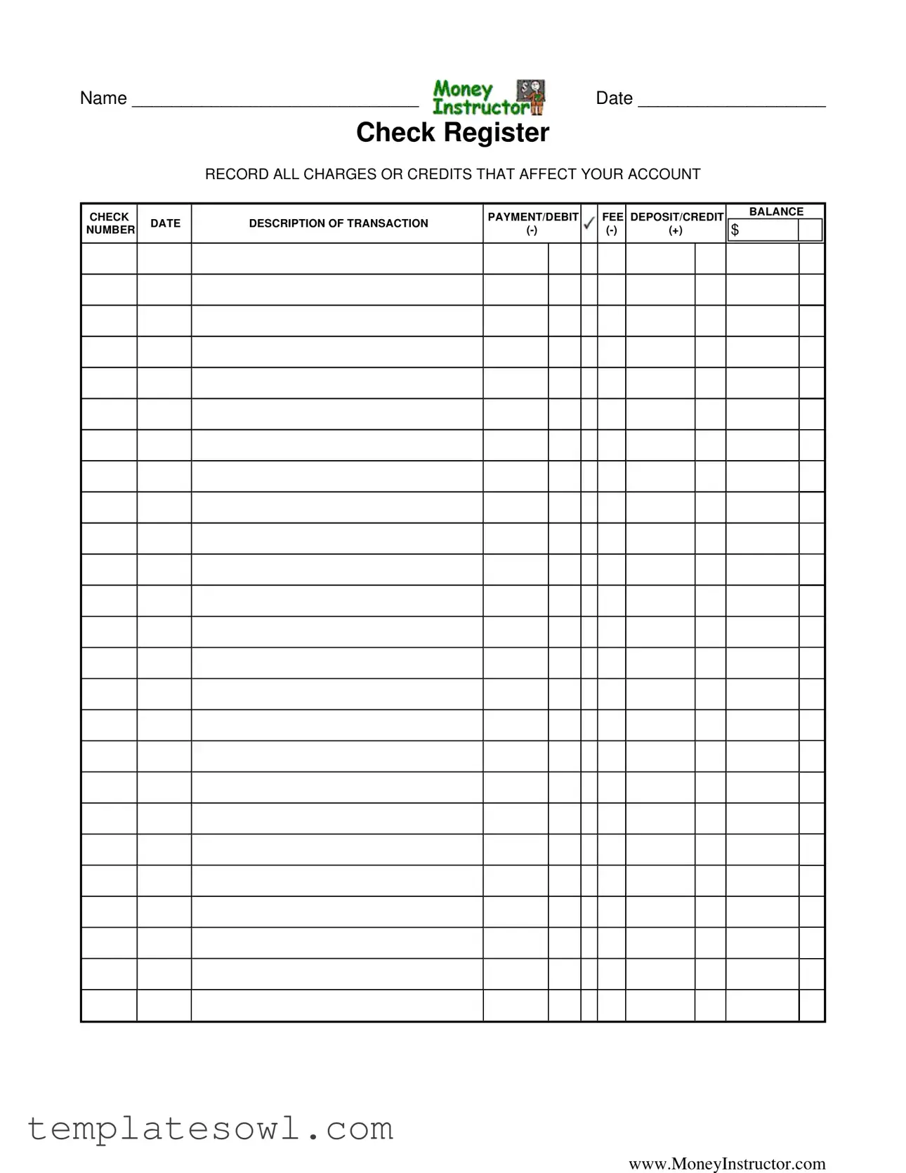 Fill Out Your Money Instructor Check Register Form