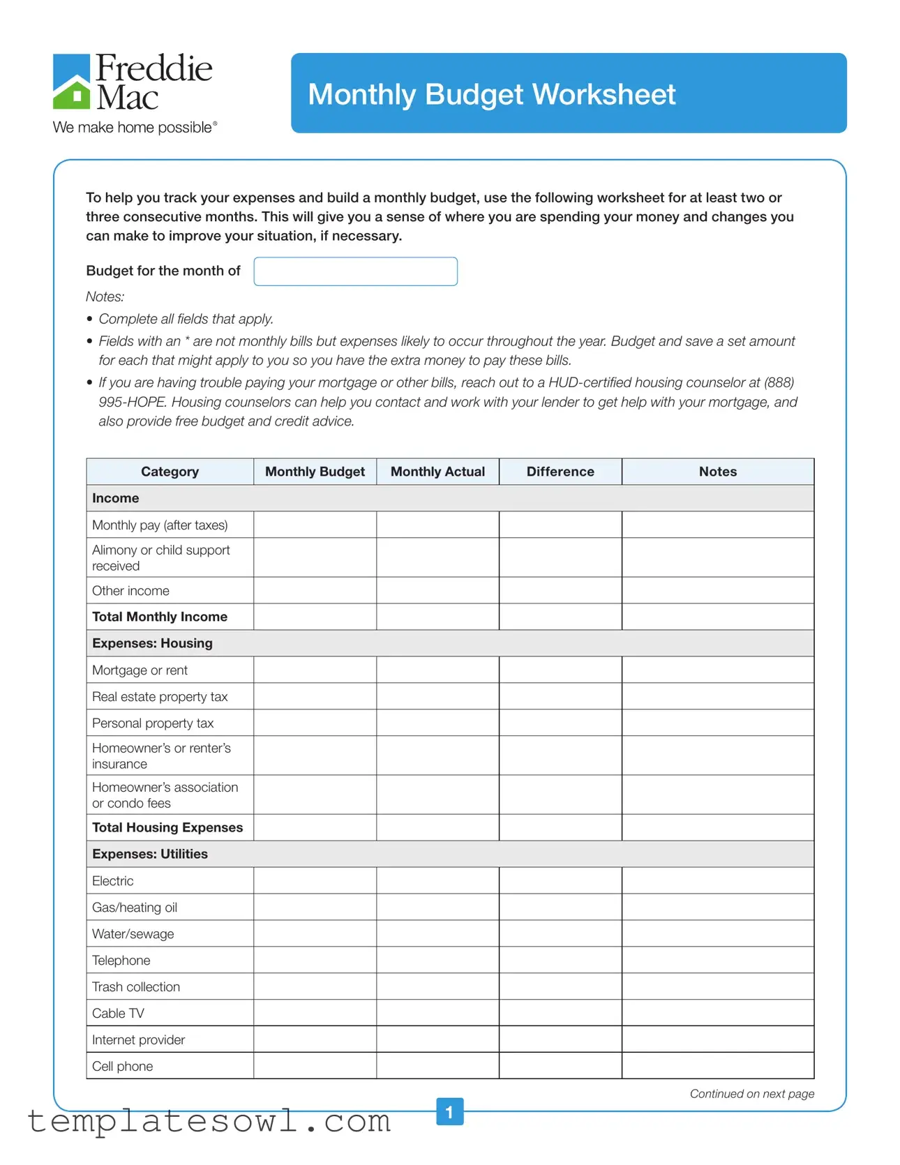 Fill Out Your Monthly Budget Worksheet Form