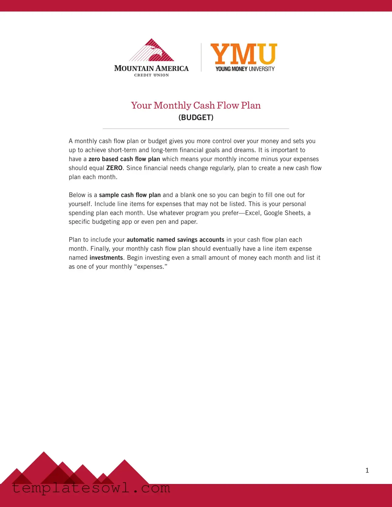 Fill Out Your Monthly Cash Flow Plan Form