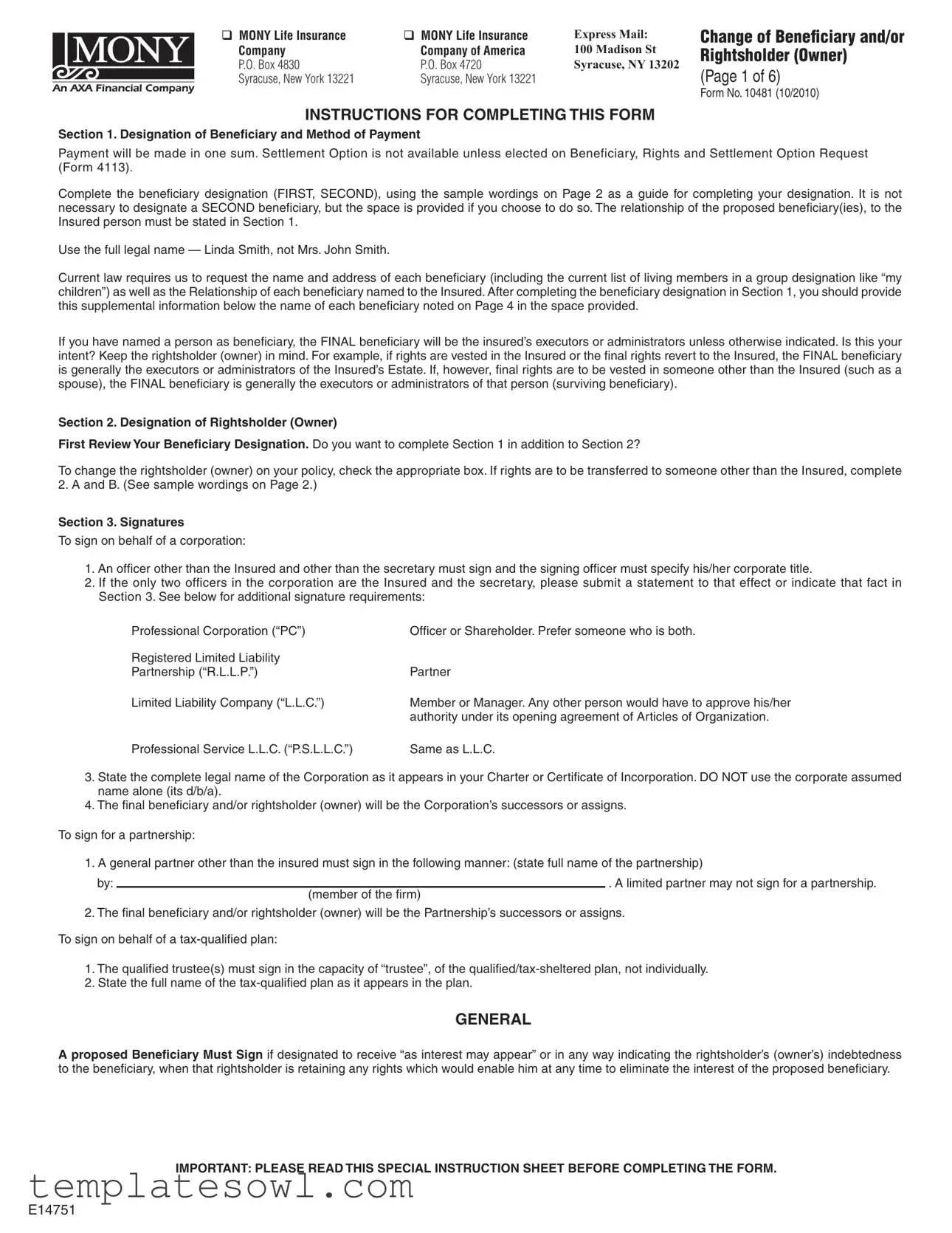 Fill Out Your Mony Change Beneficiary Form