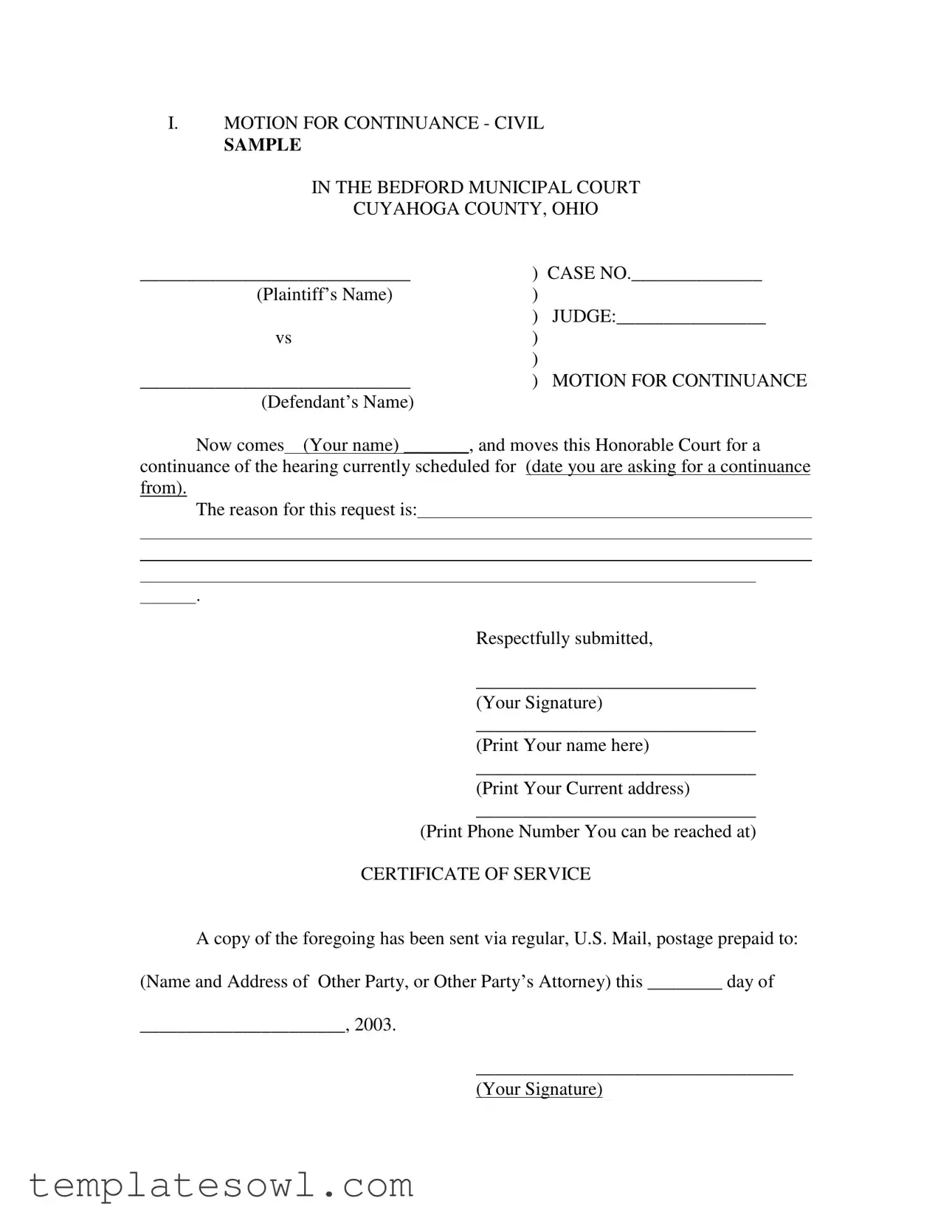 Fill Out Your Motion For Continuance Form