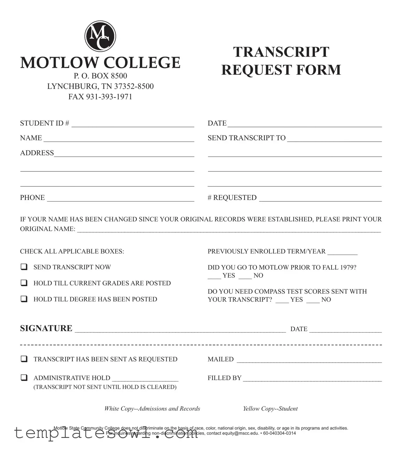 Fill Out Your Motlow Transcript Request Form
