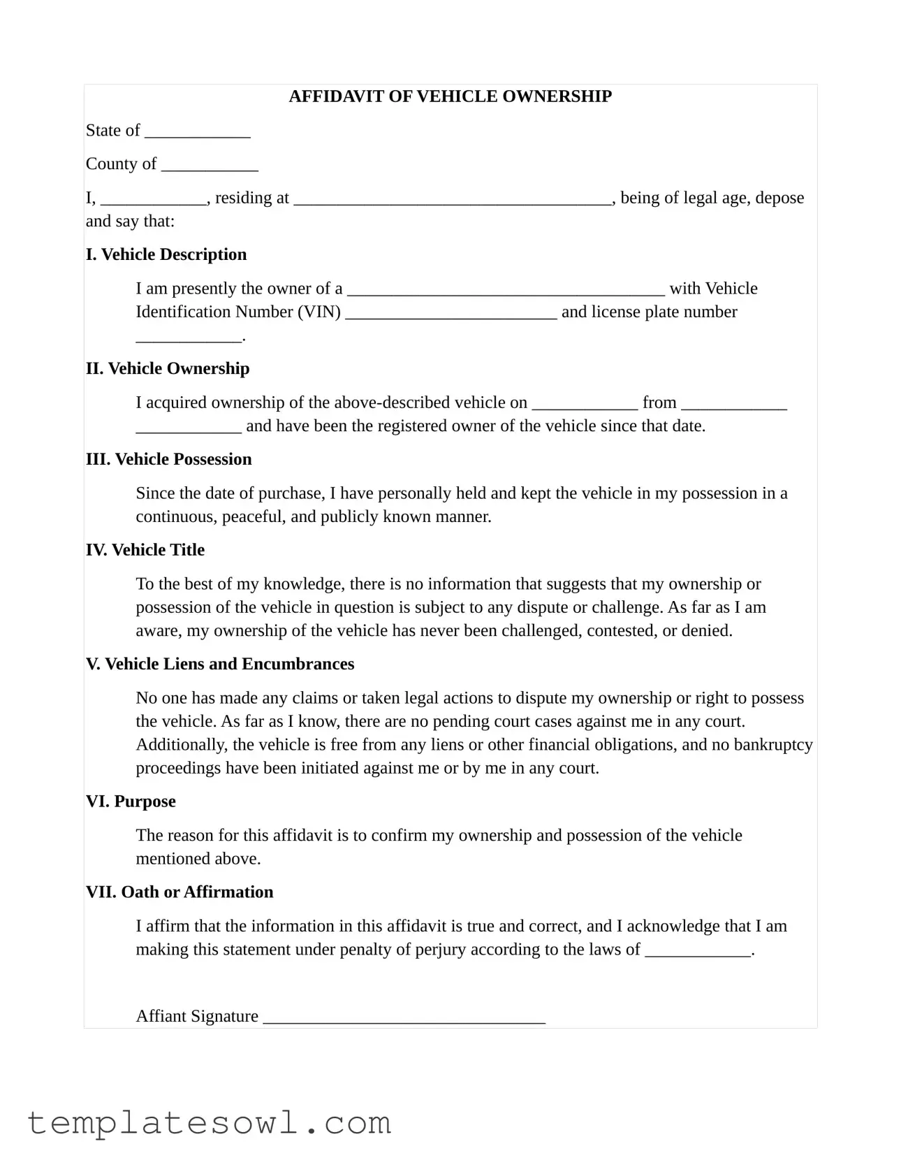 Fill Out Your Motor Vehicle Ownership Affidavit Form