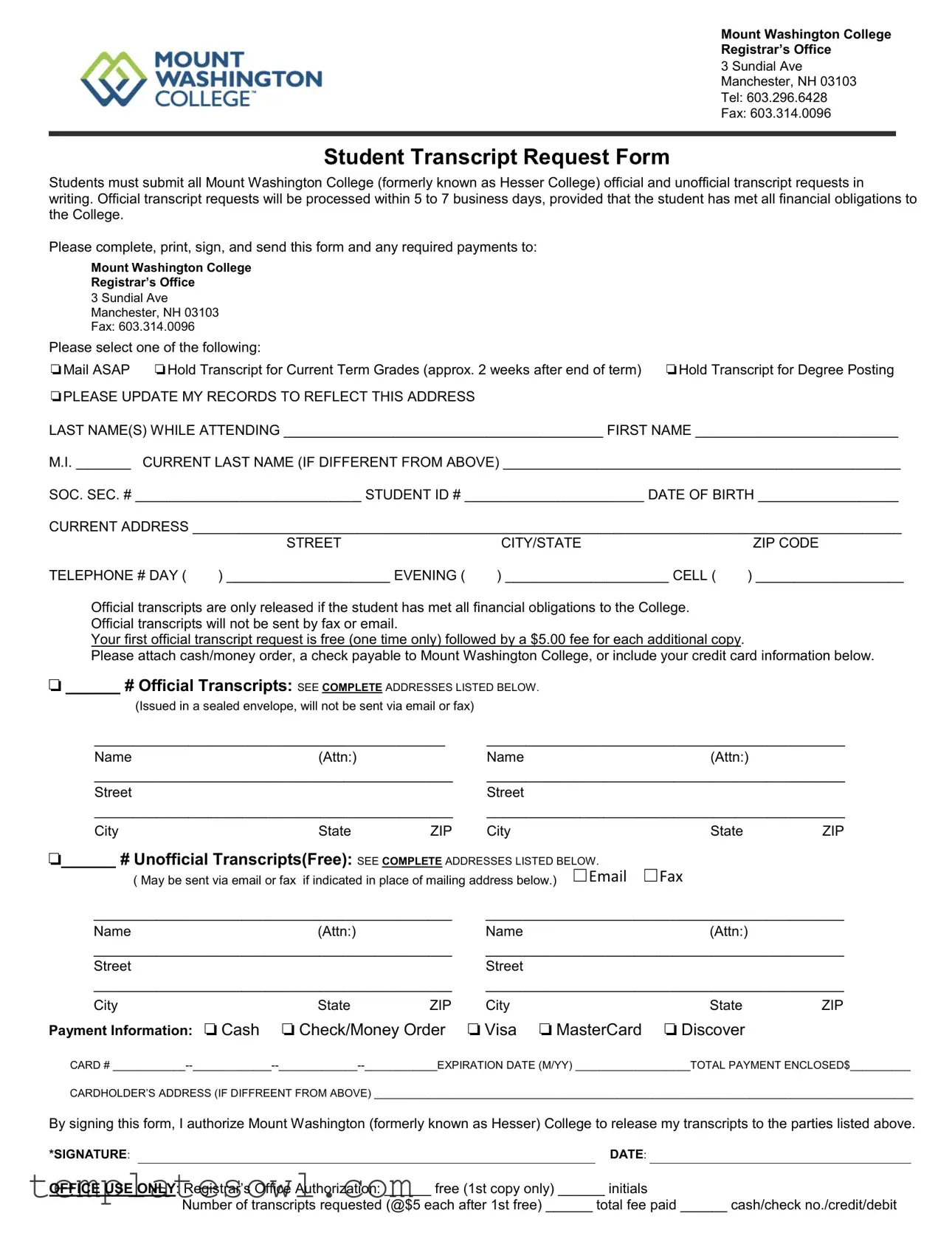 Fill Out Your Mount Washington College Transcript Form