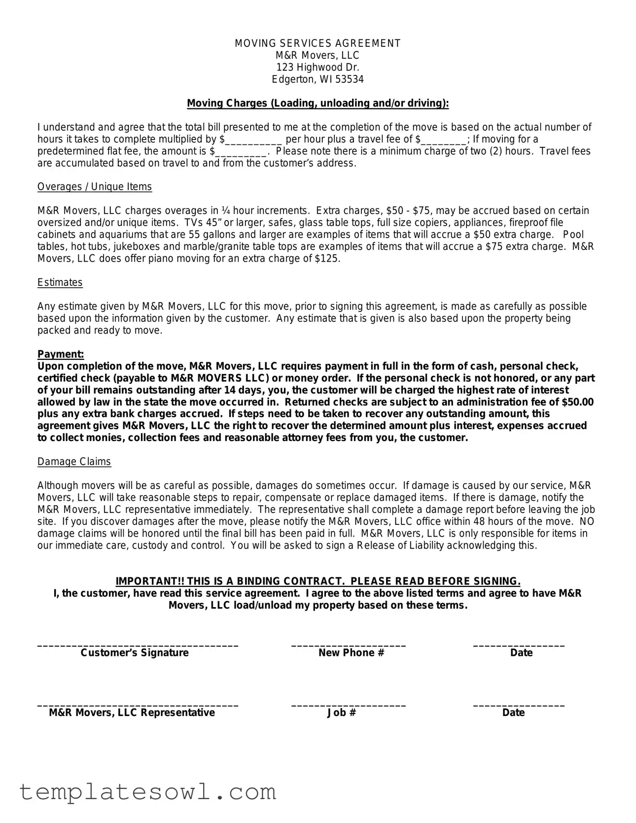 Fill Out Your Moving Contract Sample Form