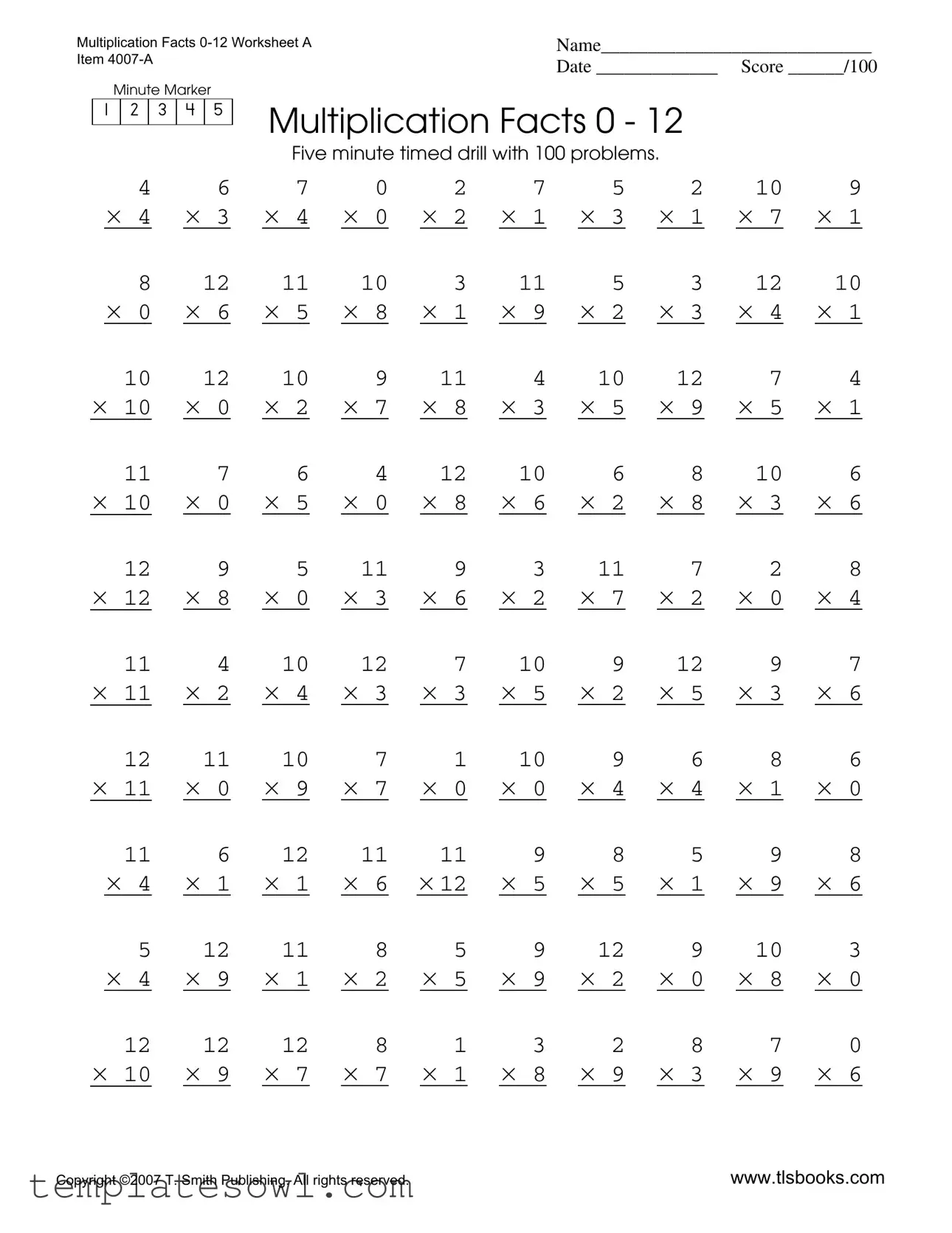 Fill Out Your Multiplication Timed Test 0 12 Form