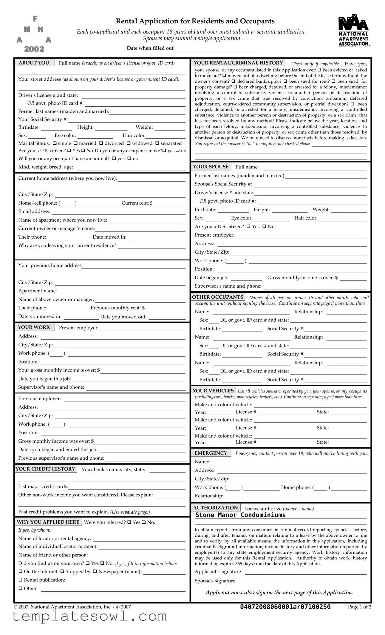 Fill Out Your National Apartment Association Rental Form