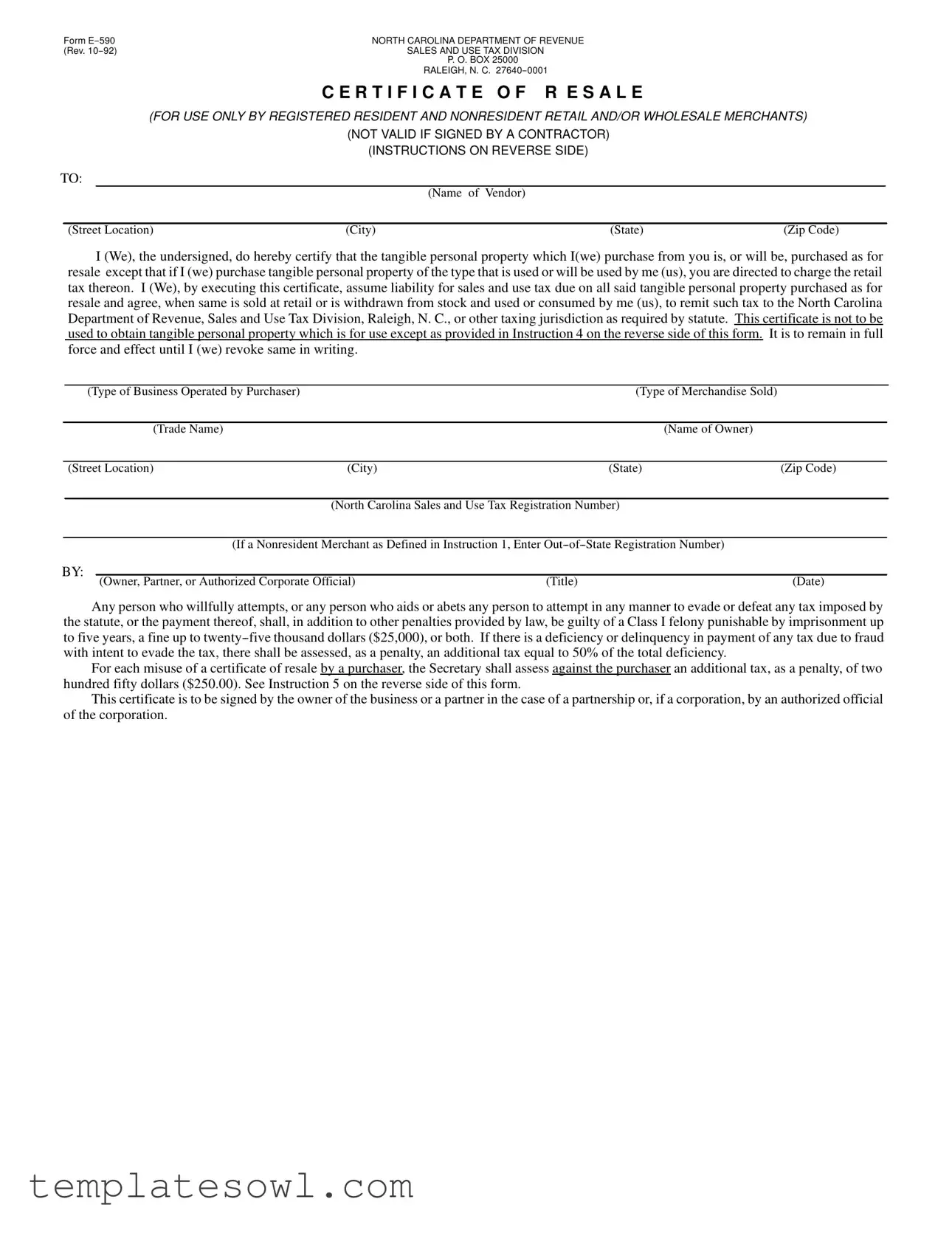 Fill Out Your Nc Certificate Resale Form