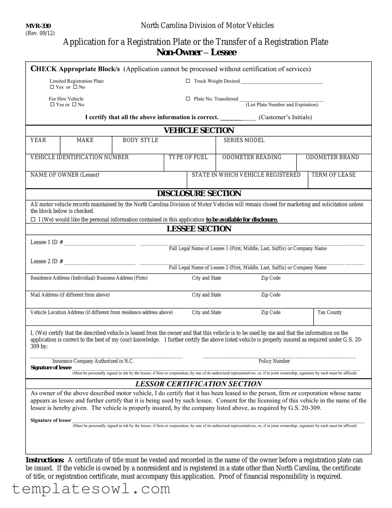 Fill Out Your Nc Mvr 330 Form