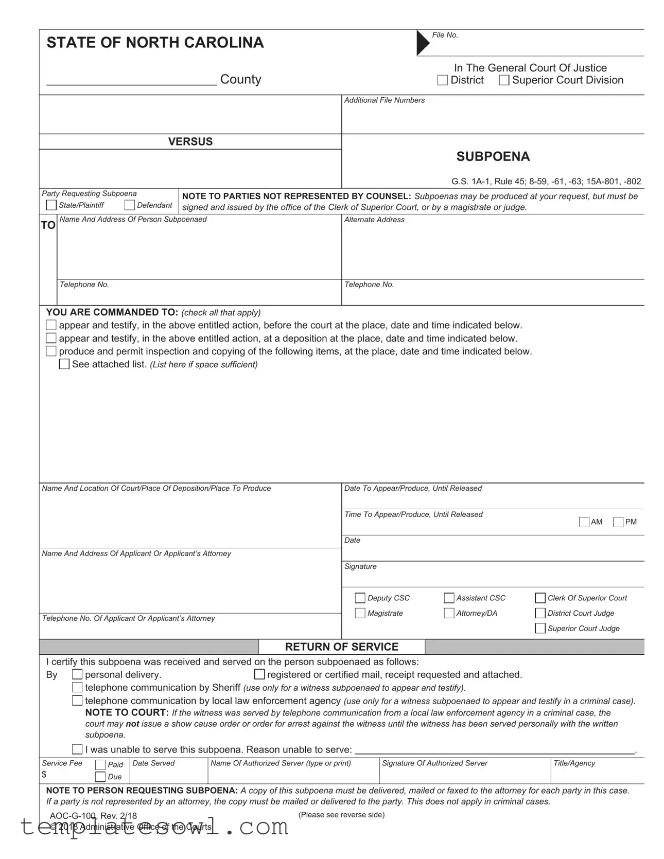 Fill Out Your Nc Subpoena Form