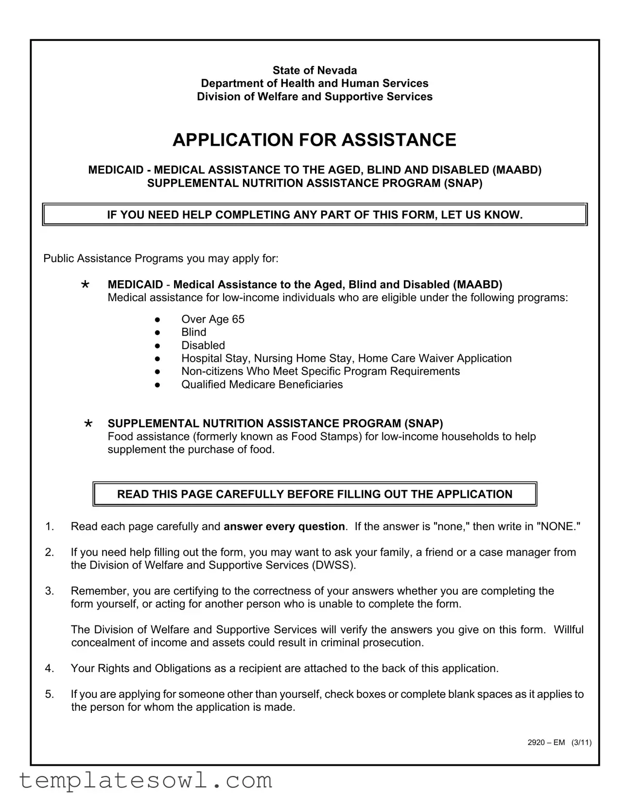 Fill Out Your Nevada Division Welfare Form