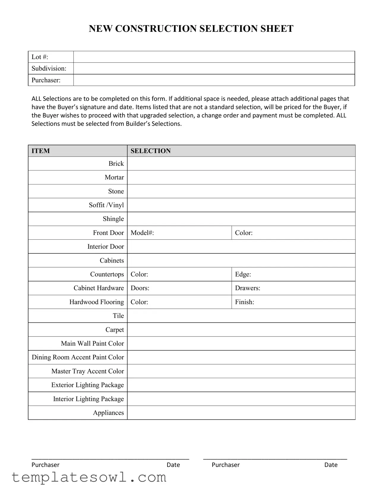 Fill Out Your New Construction Selection Sheet Form