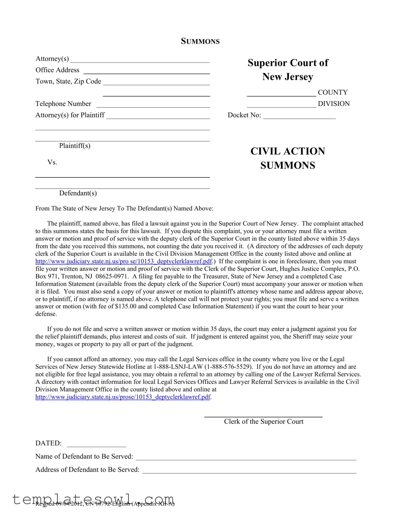 Fill Out Your New Jersey Summons Form