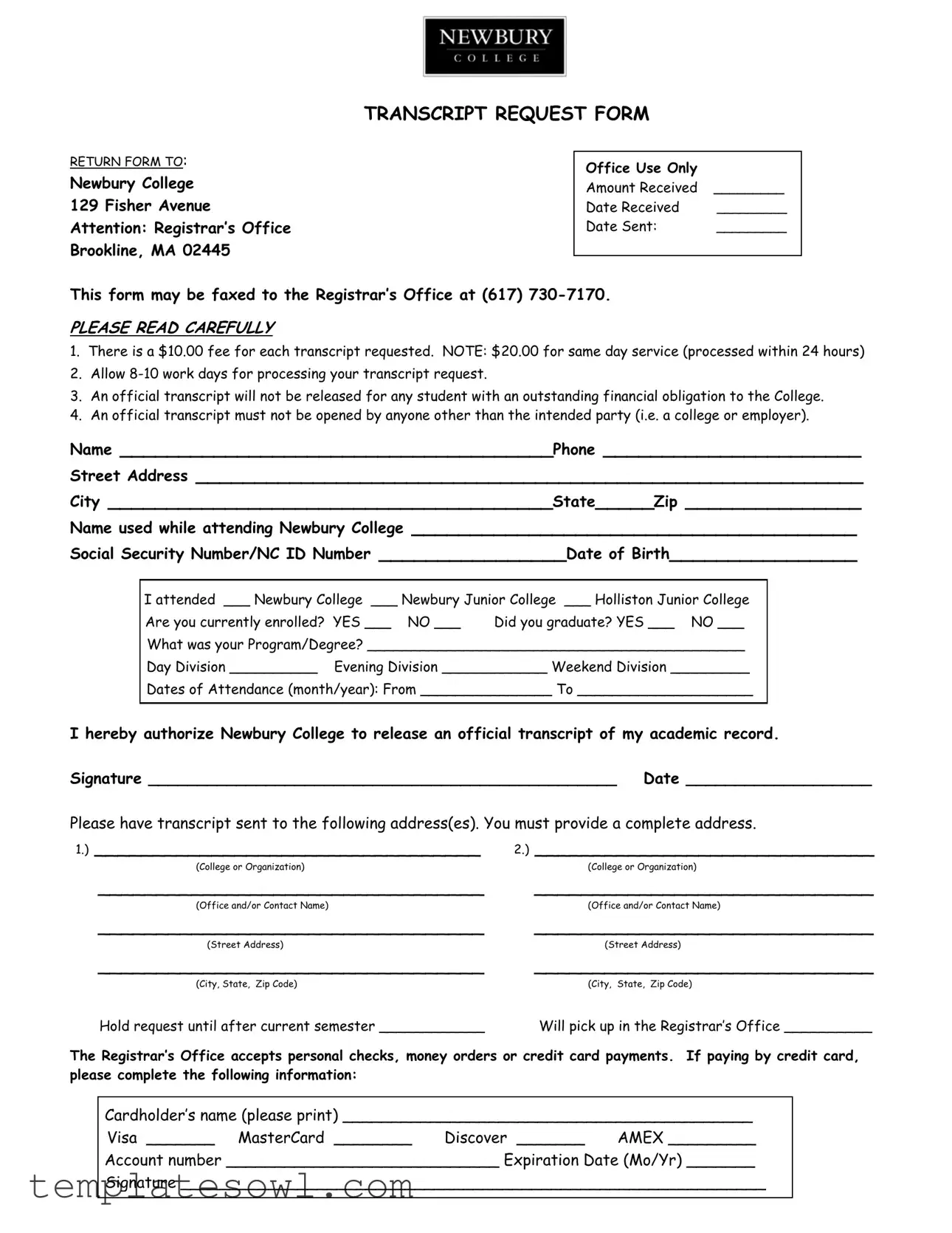 Fill Out Your Newbury Transcript Request Form