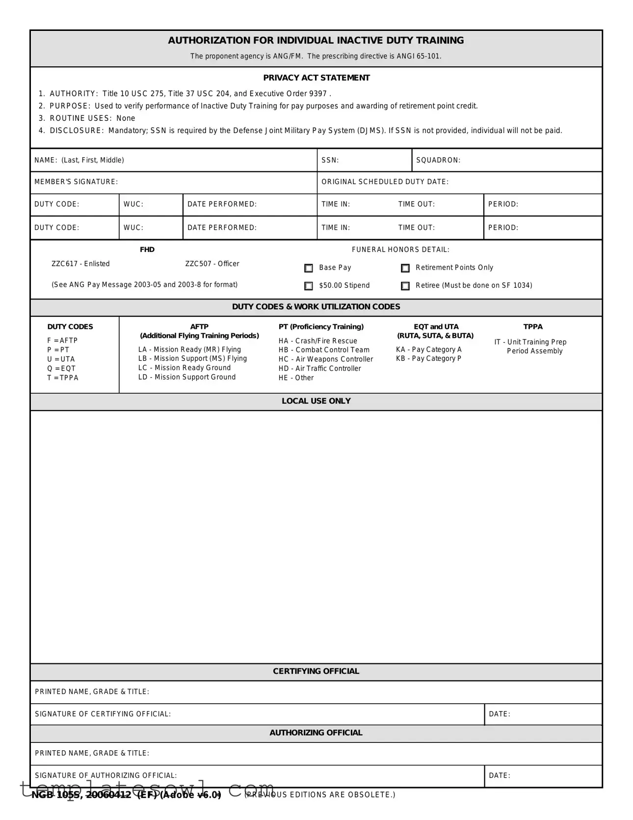 Fill Out Your Ngb 105 S Form