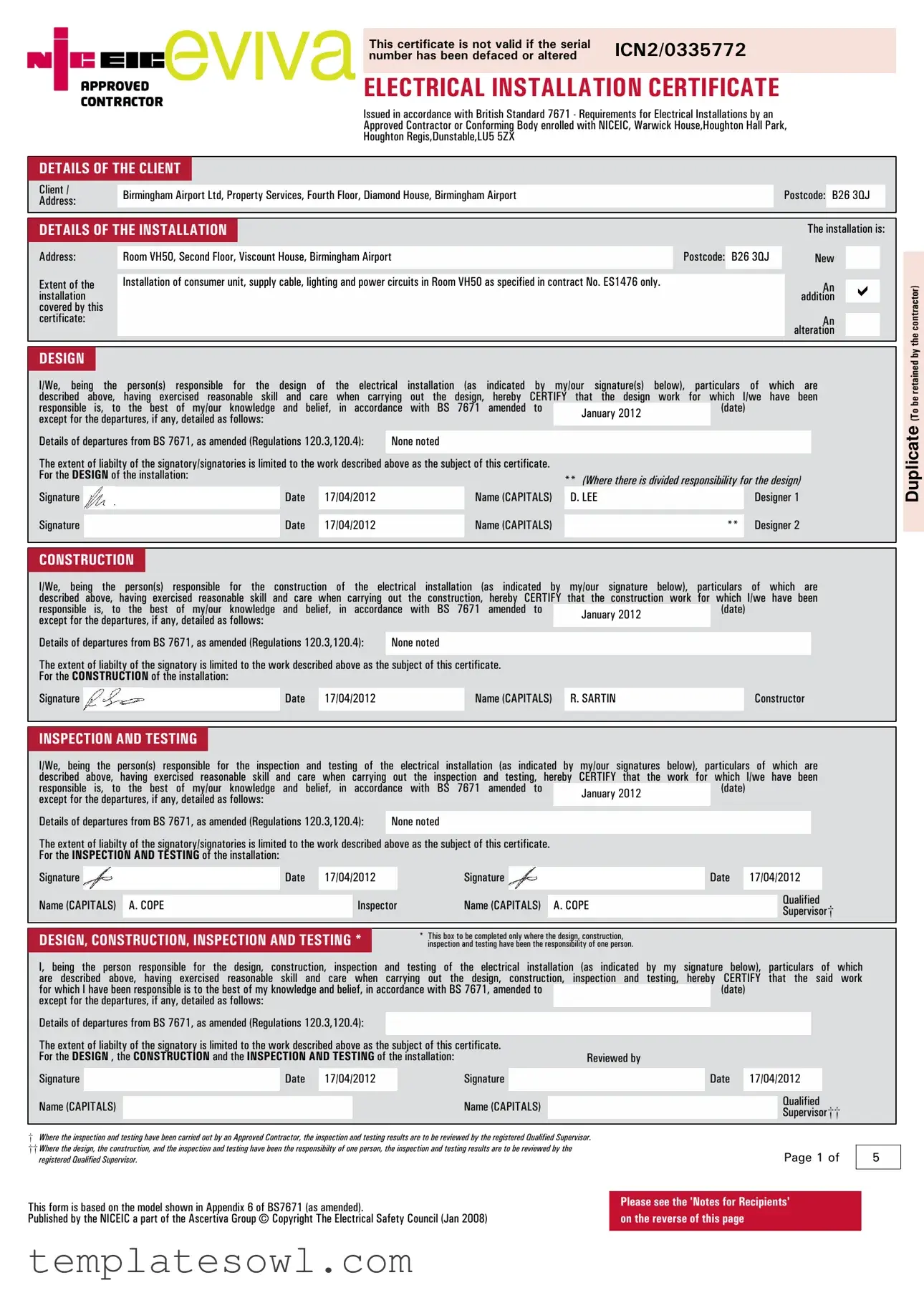 Fill Out Your Niceic Electrical Certificate Form