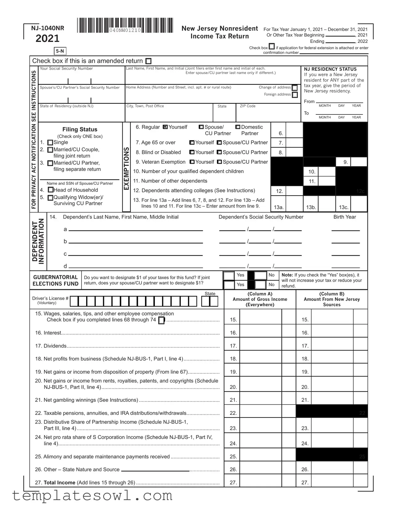 Fill Out Your Nj 1040Nr Form