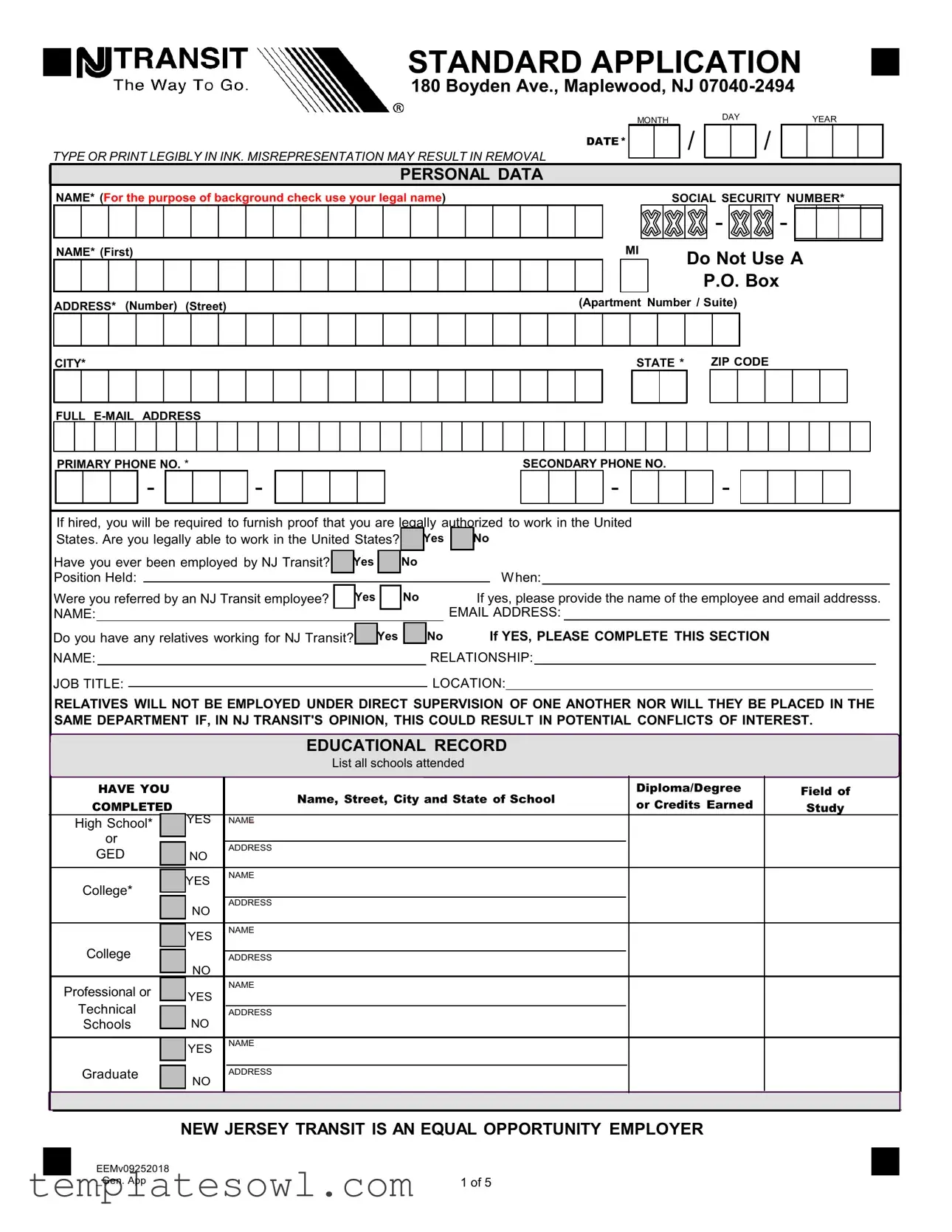 Fill Out Your Nj Application Employment Form