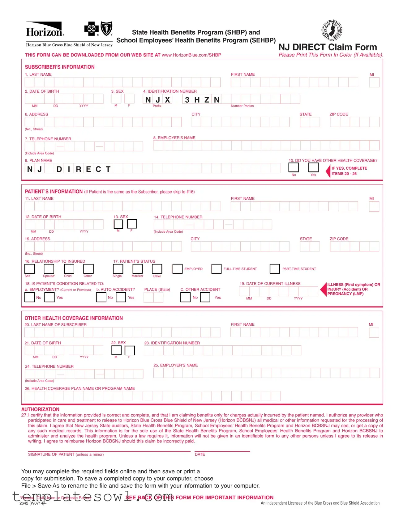 Fill Out Your Nj Direct Claim Form