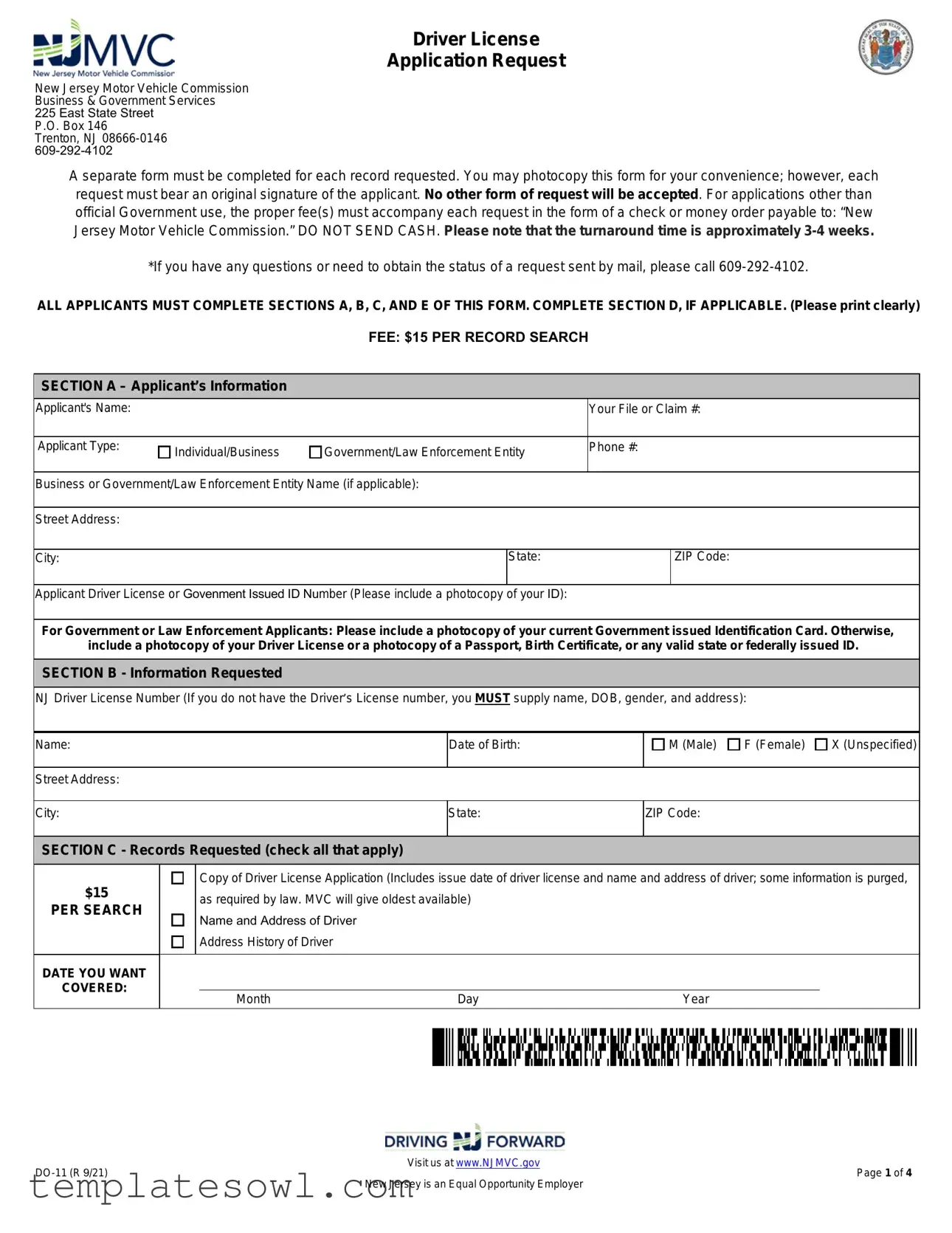 Fill Out Your Nj Driver License Application Request Form