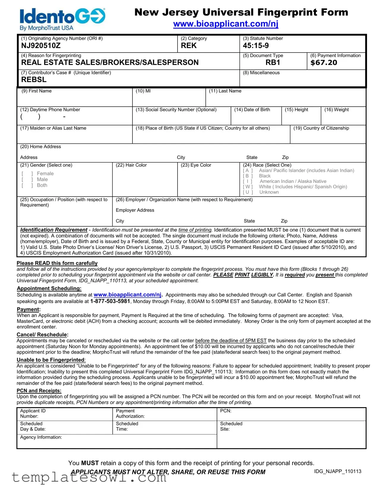 Fill Out Your Nj Fingerprint Form