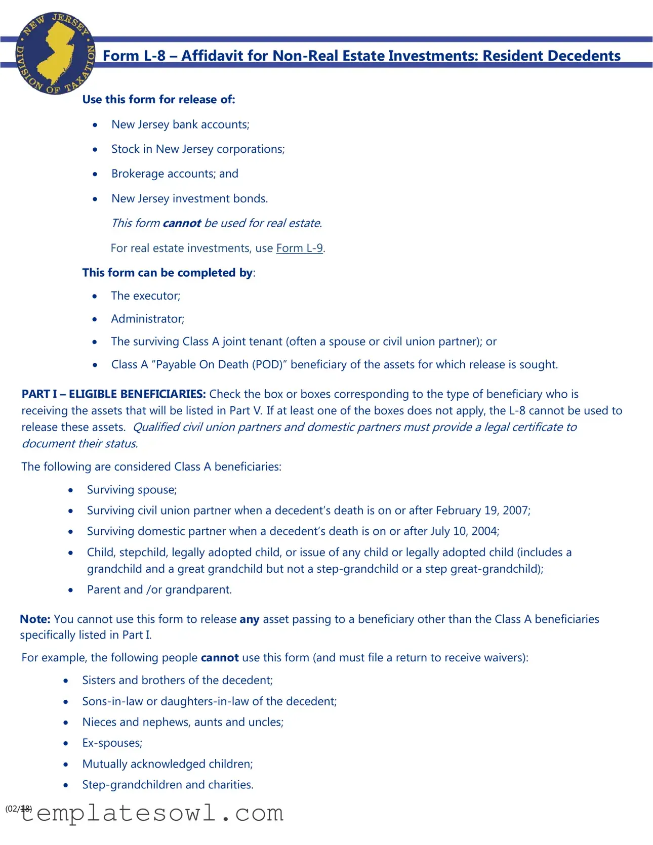 Fill Out Your Nj L 8 Form