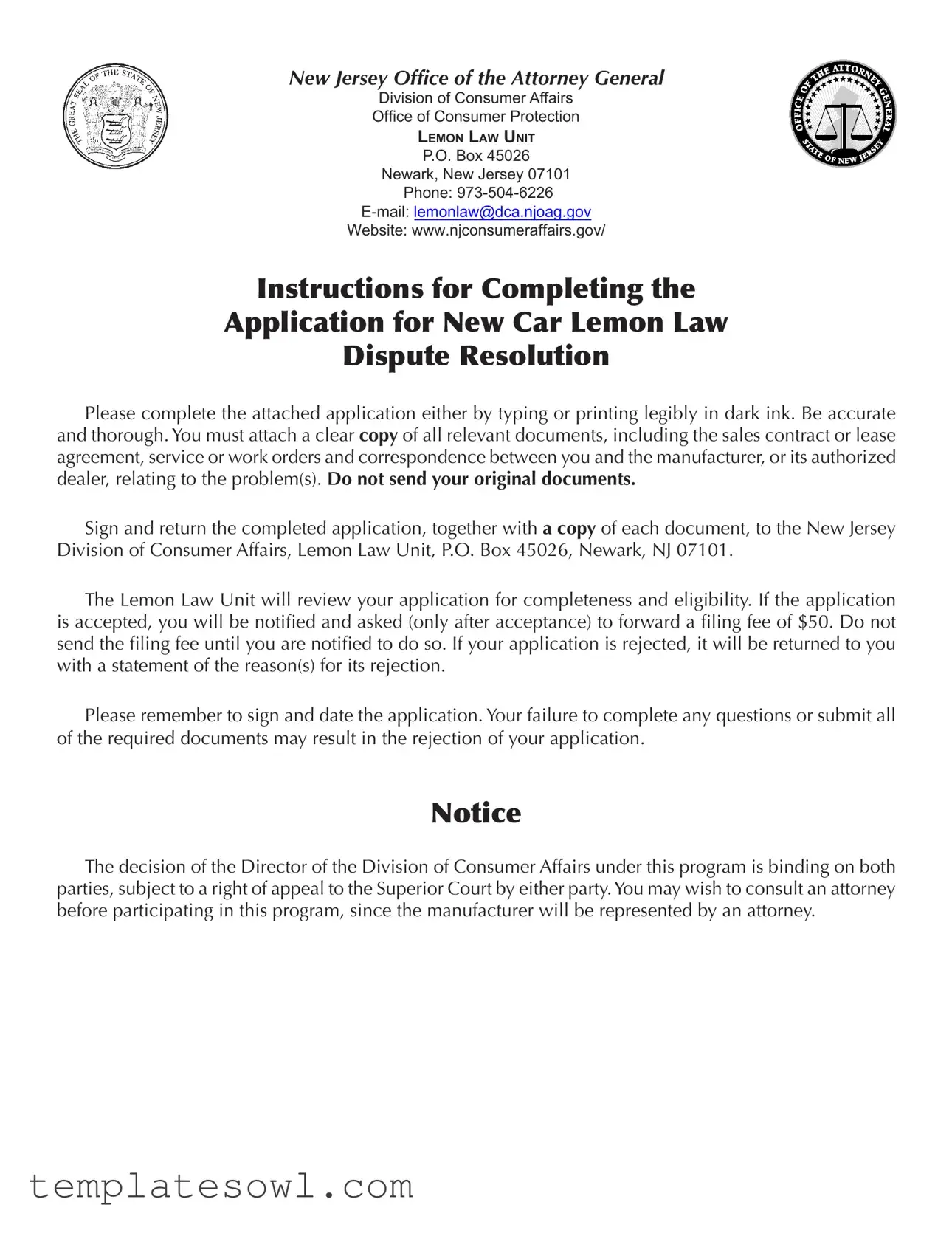 Fill Out Your Nj Lemon Law Application Form