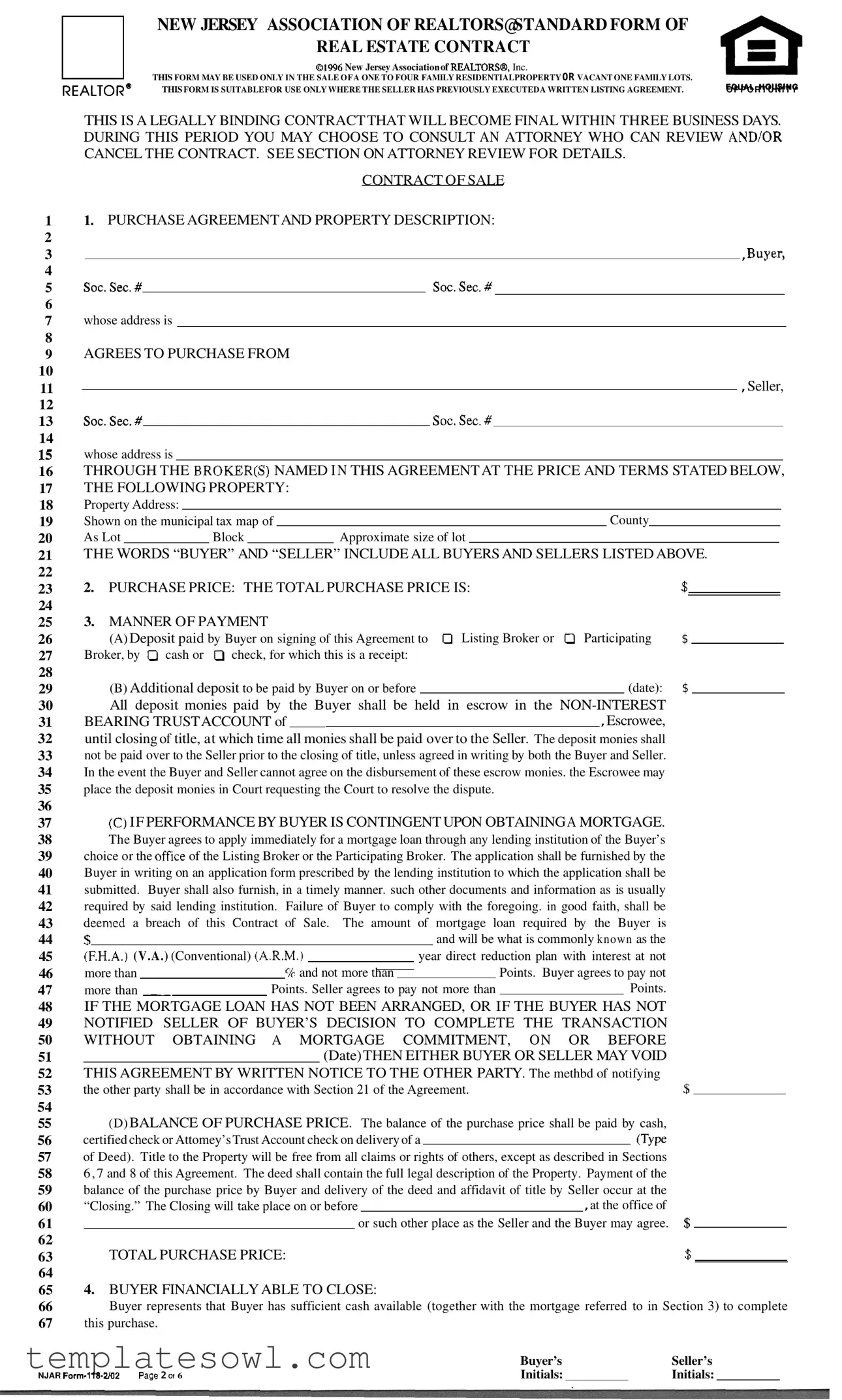 Fill Out Your Njar Real Estate Contract Form