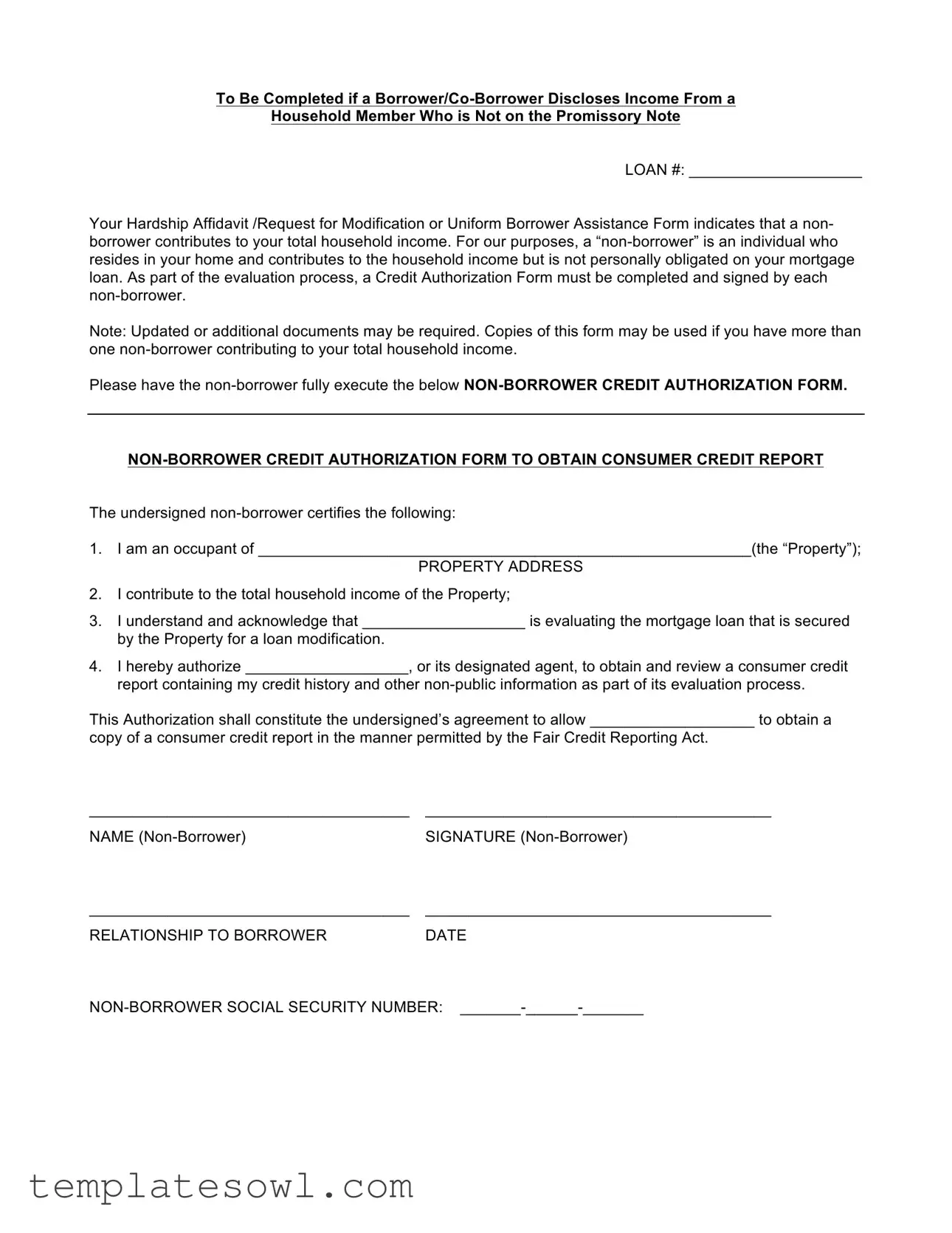 Fill Out Your Non Borrower Credit Authorization Form