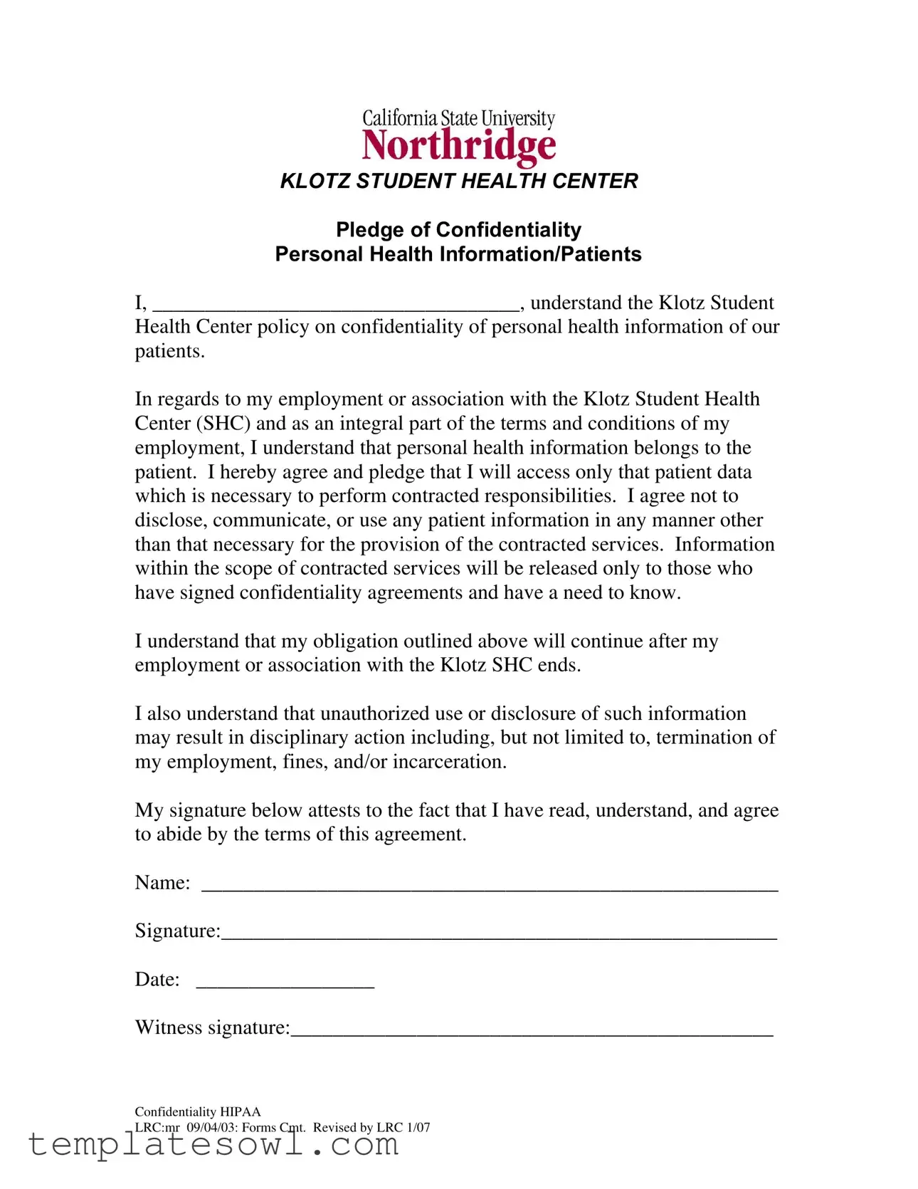Fill Out Your Northridge Confidentiality Hipaa Form