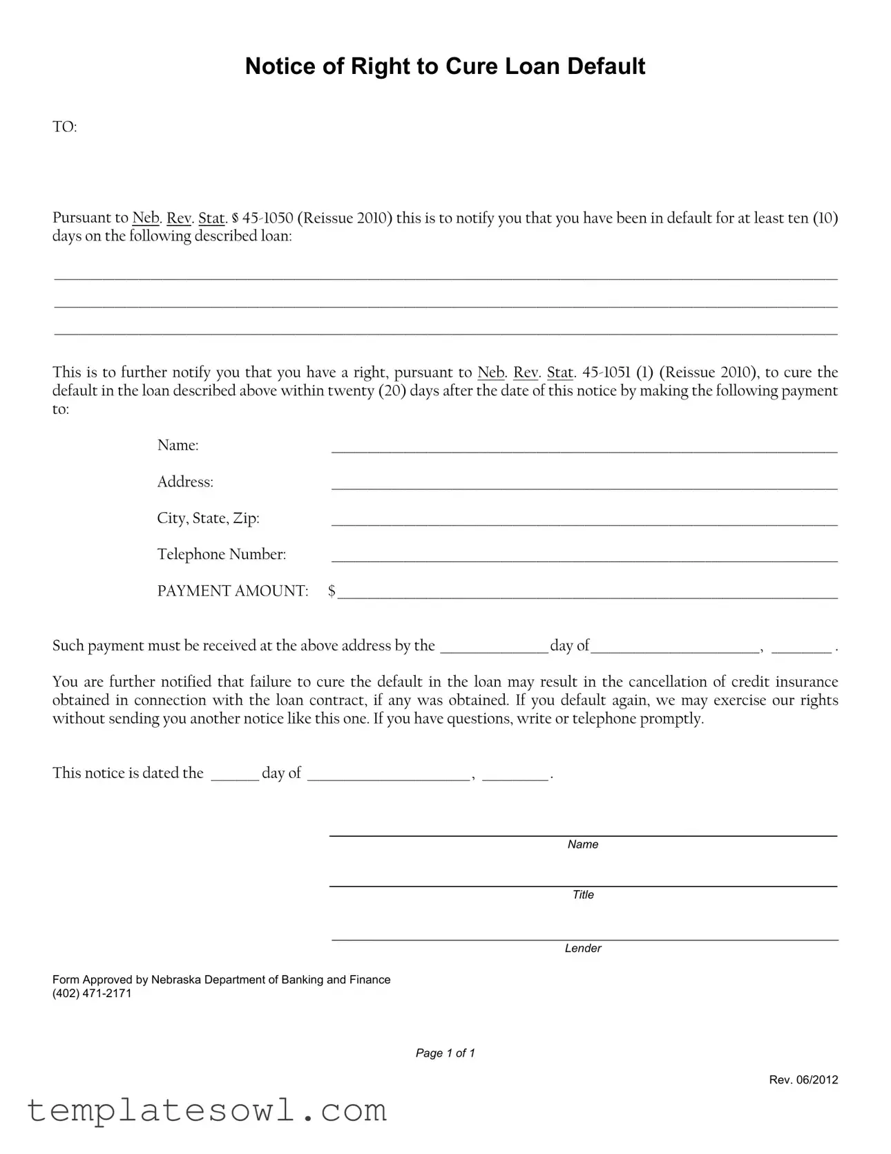 Fill Out Your Notice Of Right To Cure Auto Loan Letter Form