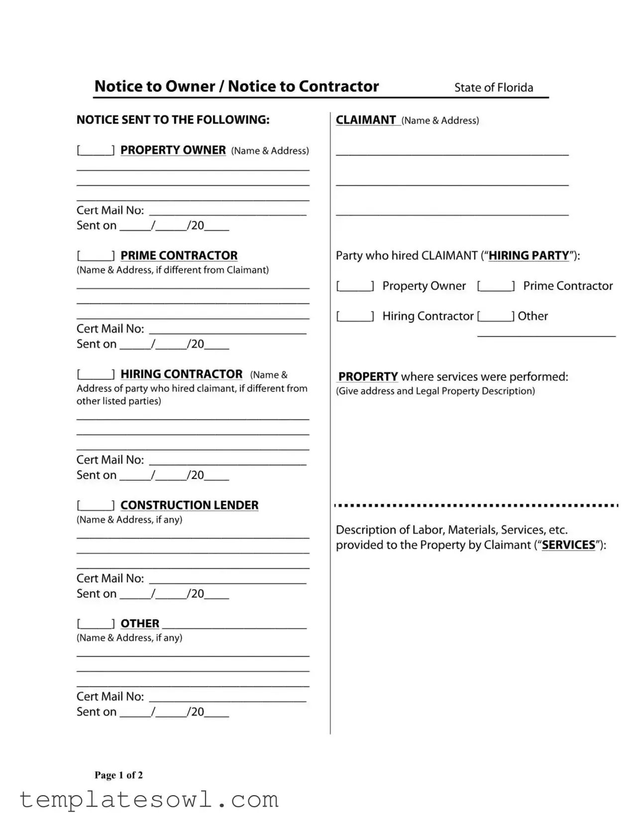 Fill Out Your Notice Owner Florida Form
