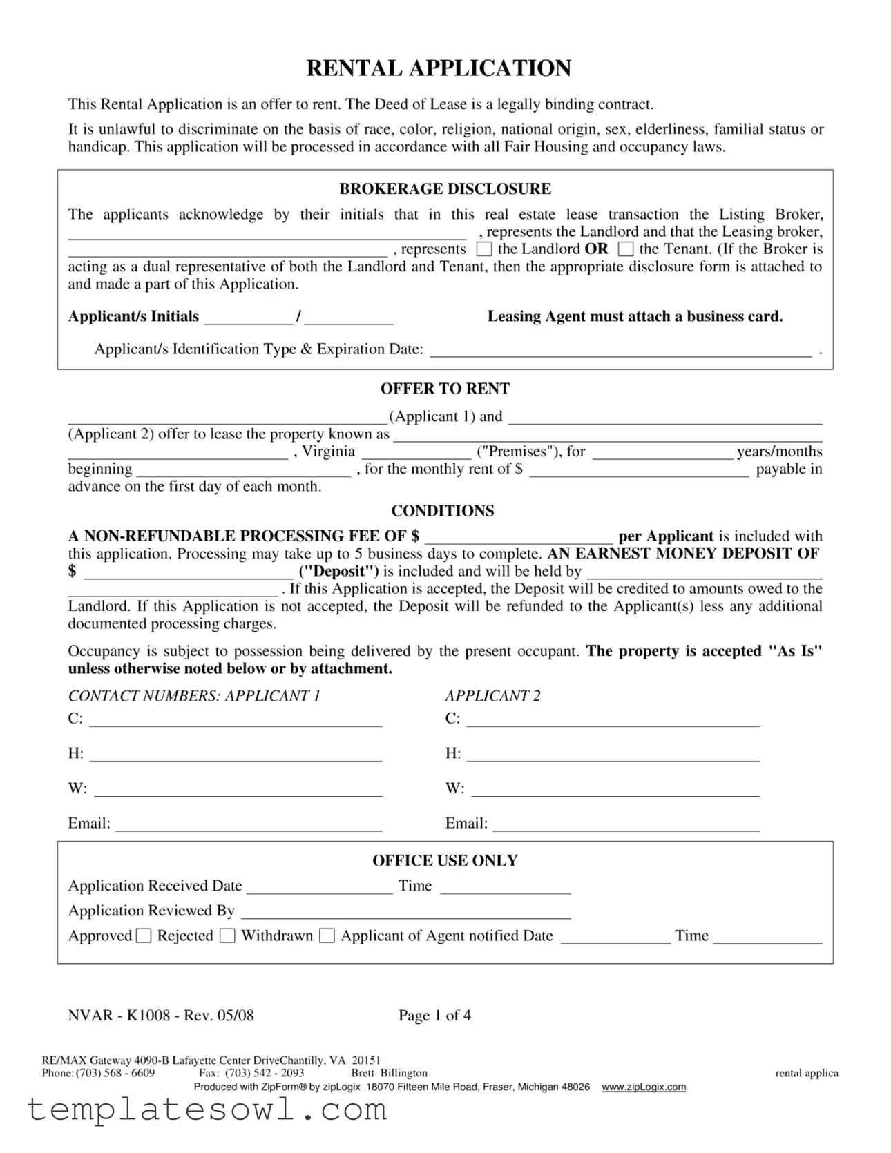Fill Out Your Nvar Rental Application Form