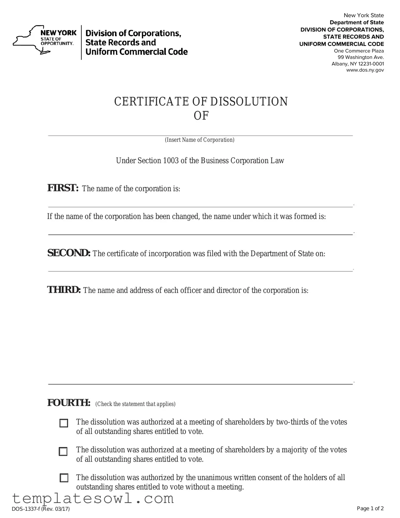 Fill Out Your Ny Dissolution Certificate Form