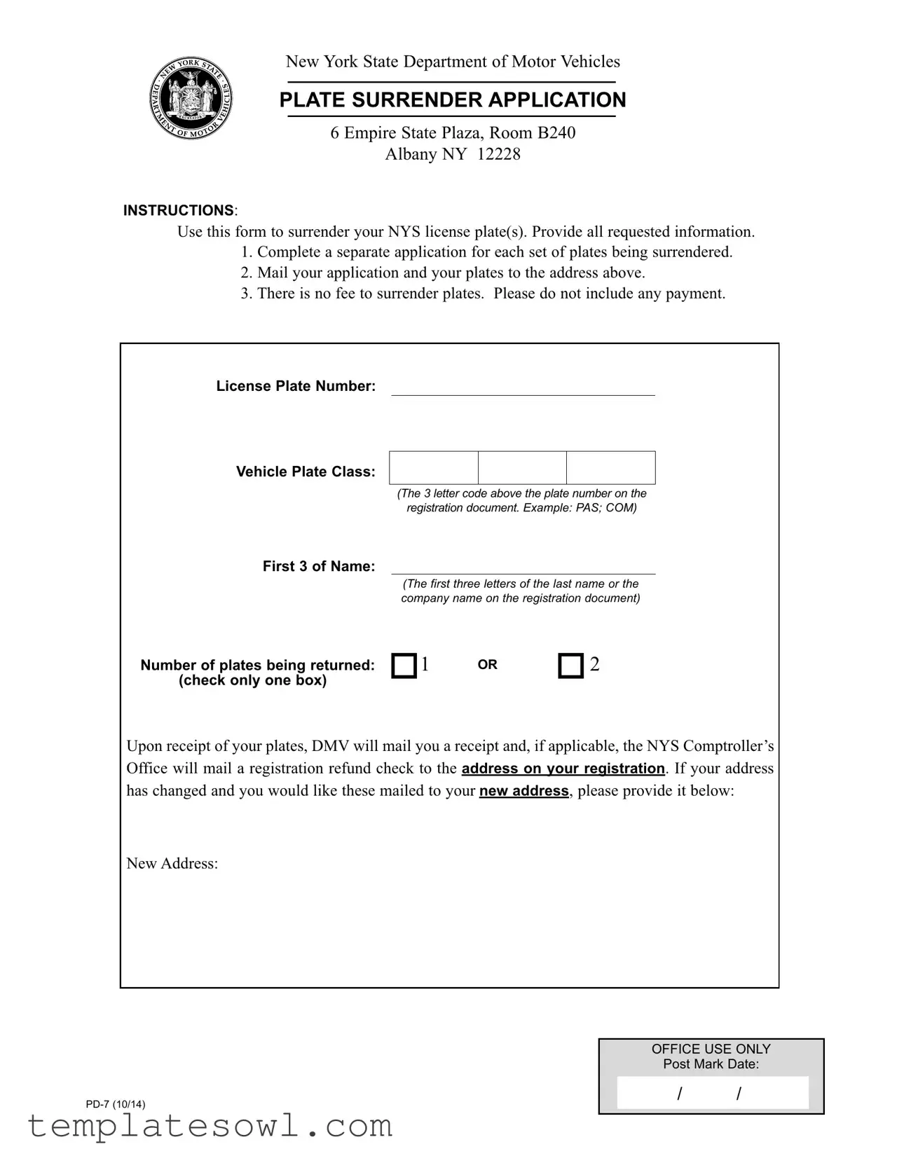 Fill Out Your Ny Plate Surrender Application Form