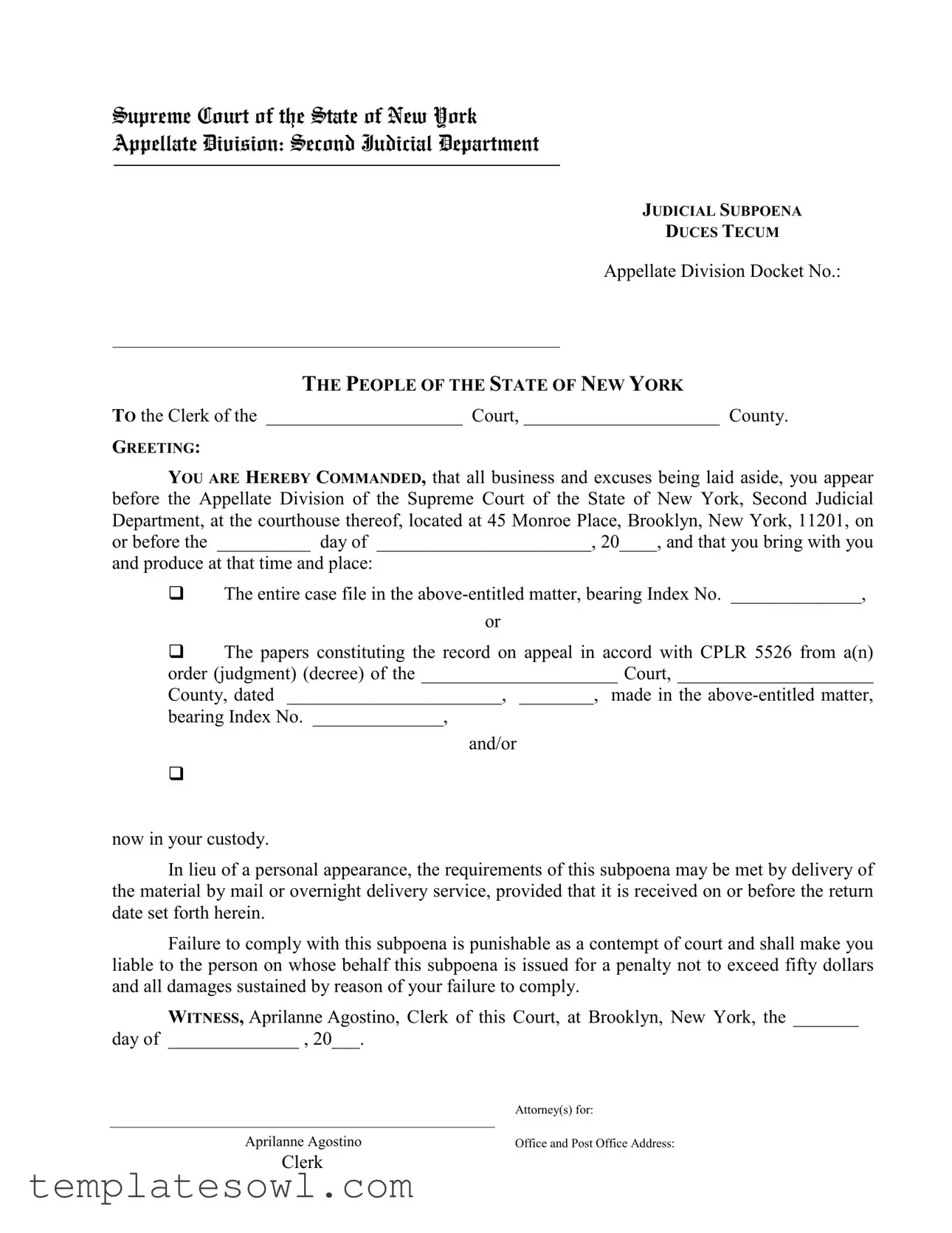Fill Out Your Ny Subpoena Duces Form