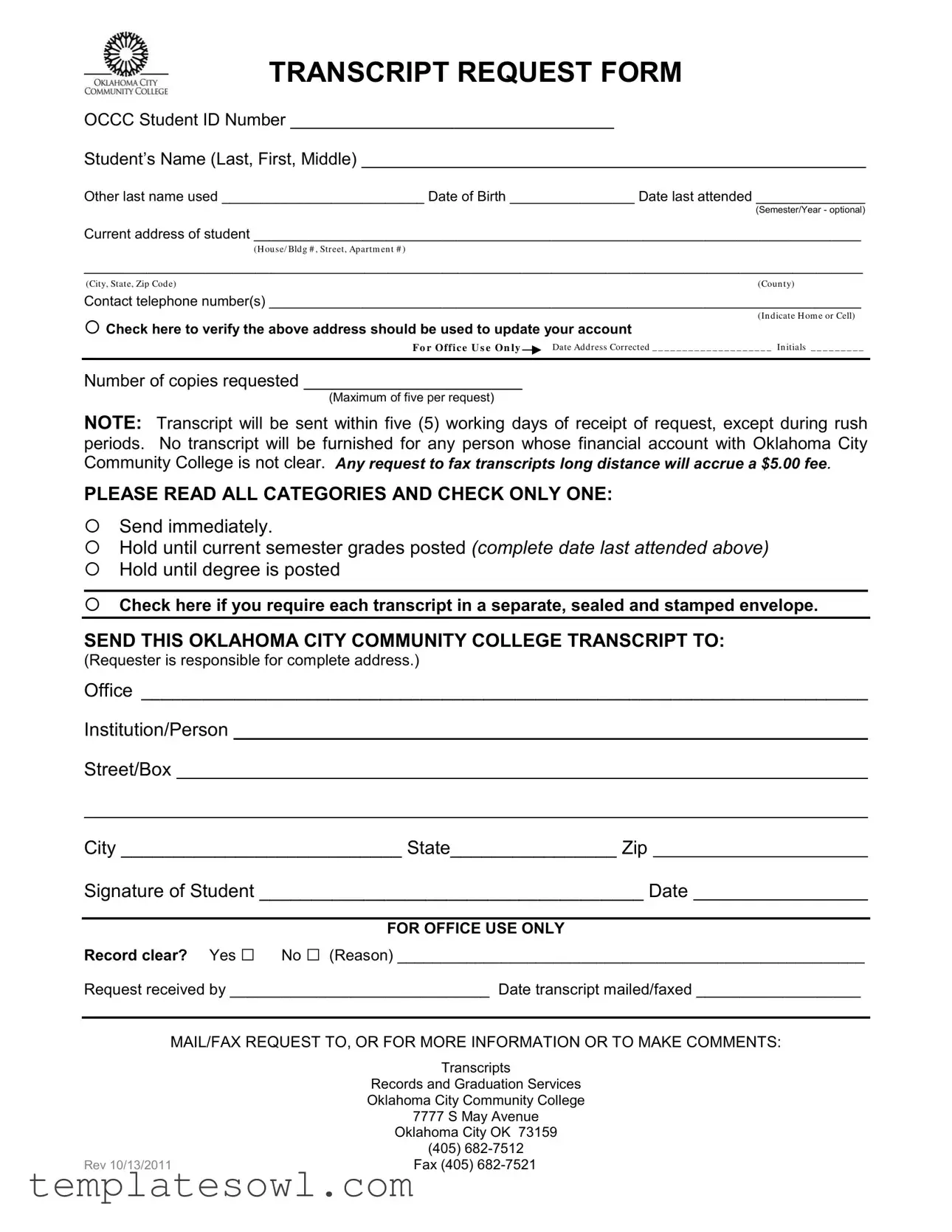 Fill Out Your Occc Transcript Form