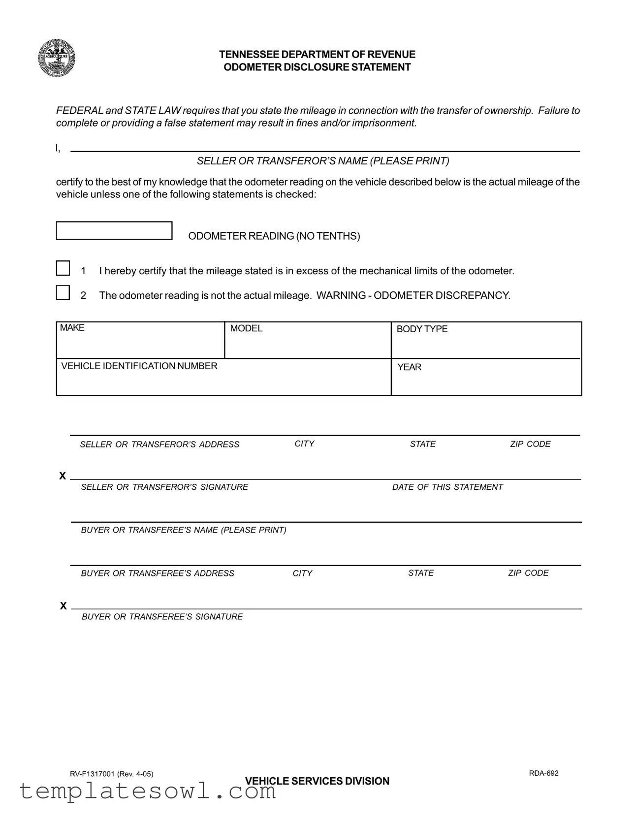 Fill Out Your Odometer Disclosure Statement Tn Form