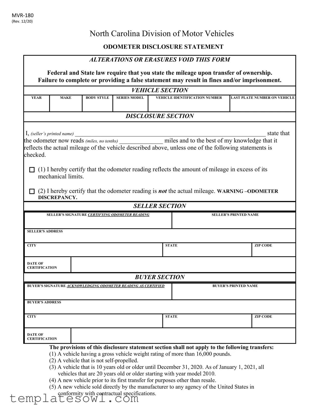 Fill Out Your Odometer Statement Mvr 180 Form