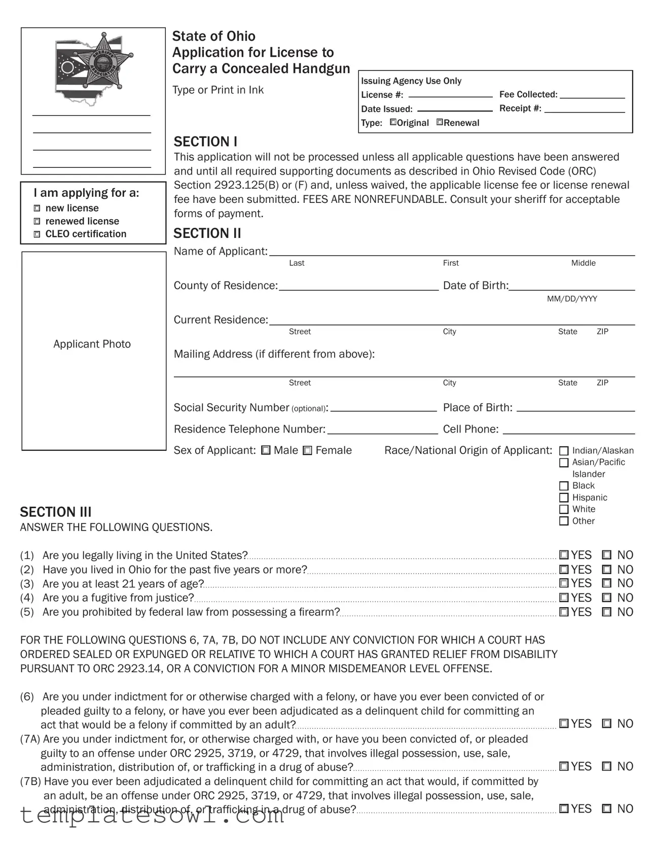 Fill Out Your Ohio Application Concealed Form