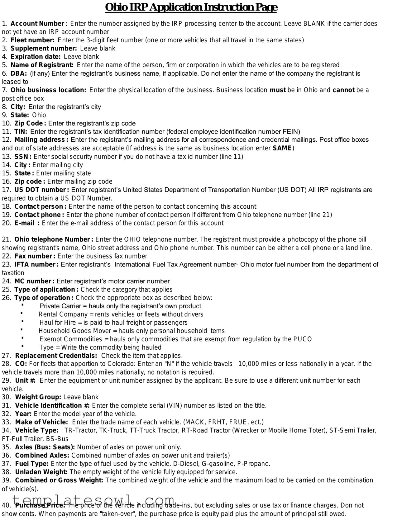 Fill Out Your Ohio Irp Application Form